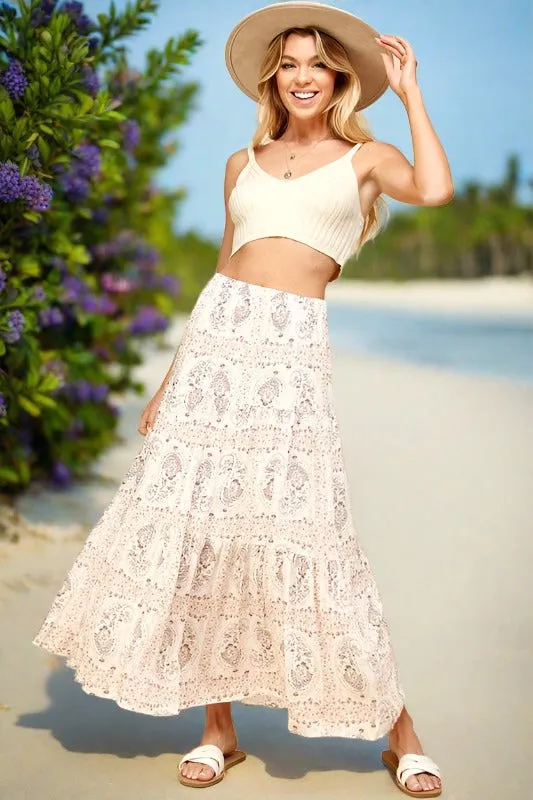 Paisley Print Tiered Layered Maxi Skirt - Taupe