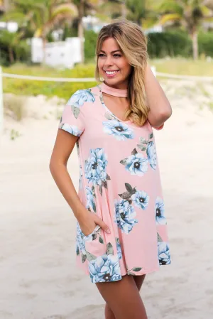 Pink and Blue Mock Neck Short Dress