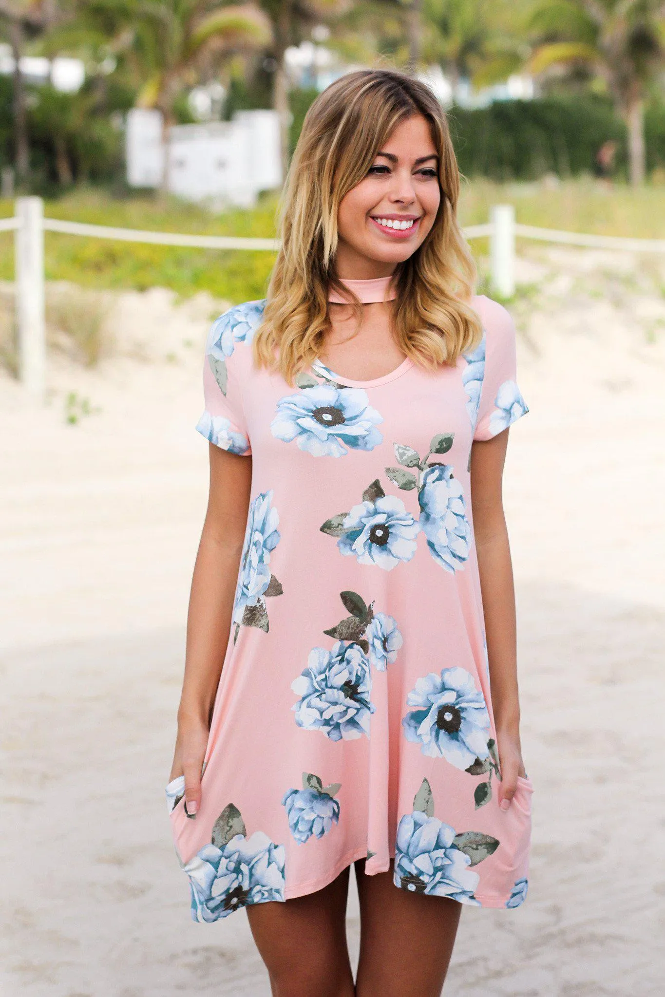 Pink and Blue Mock Neck Short Dress