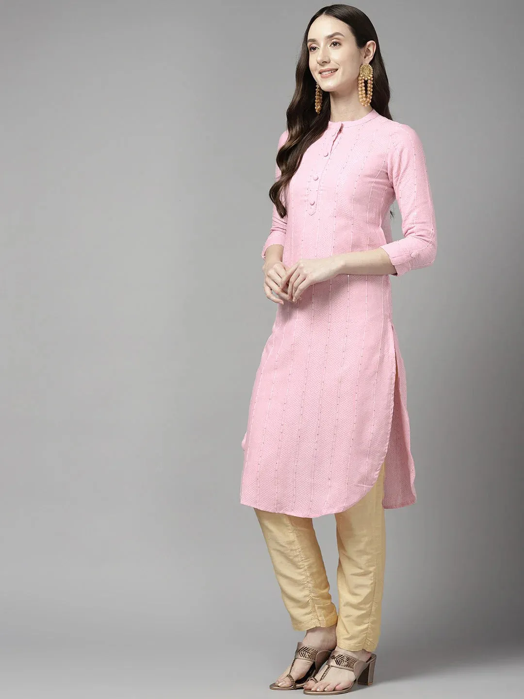 Pink Cotton Blend Straight Cut Striped Kurta