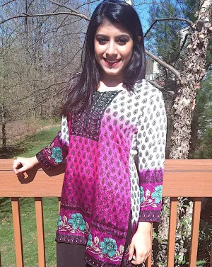 Polyester French Crepe Pink & White Printed Kurti/Tunic