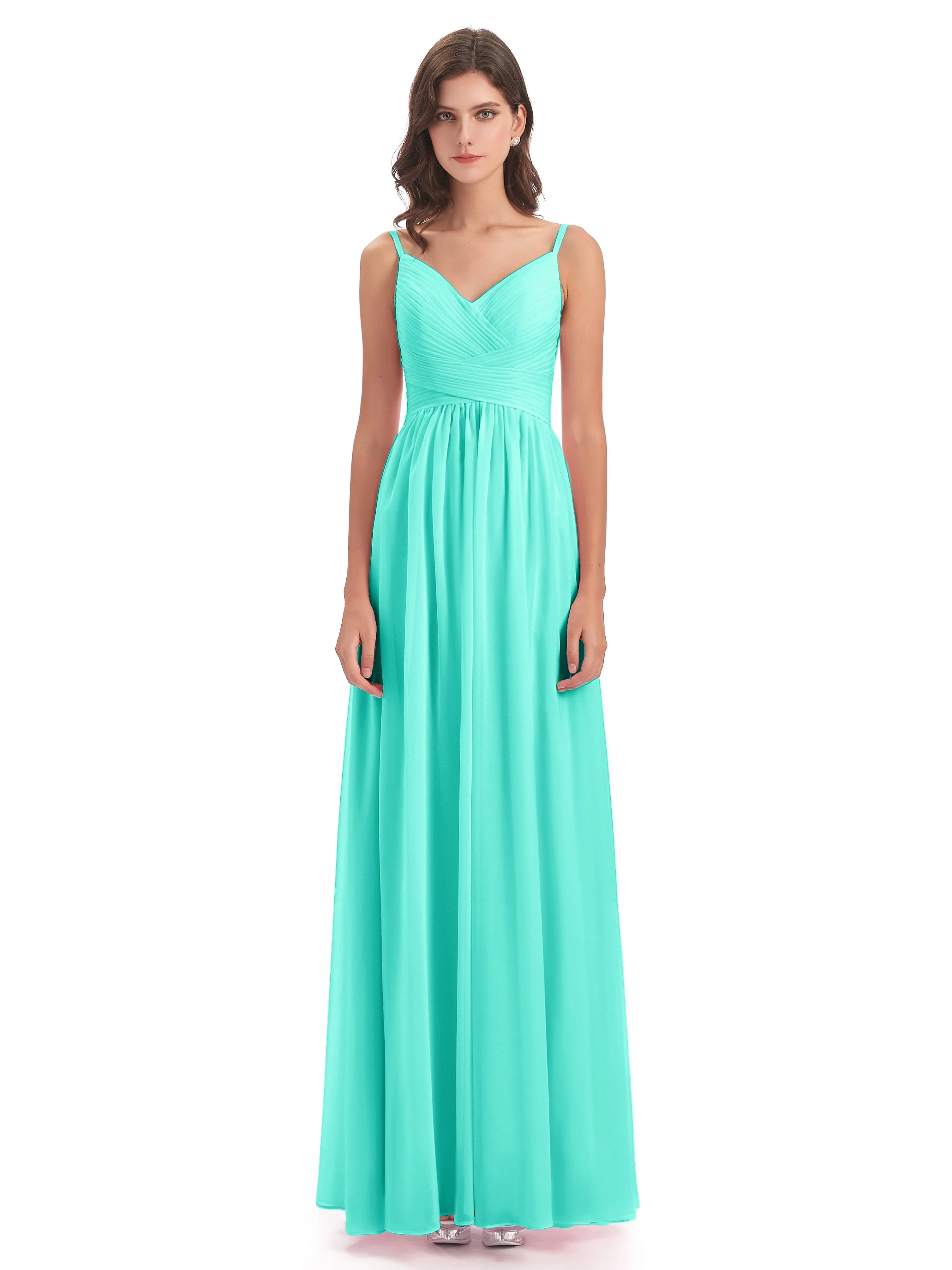 Poppy Simple Spaghetti Straps Pleating Long Bridesmaid Dresses