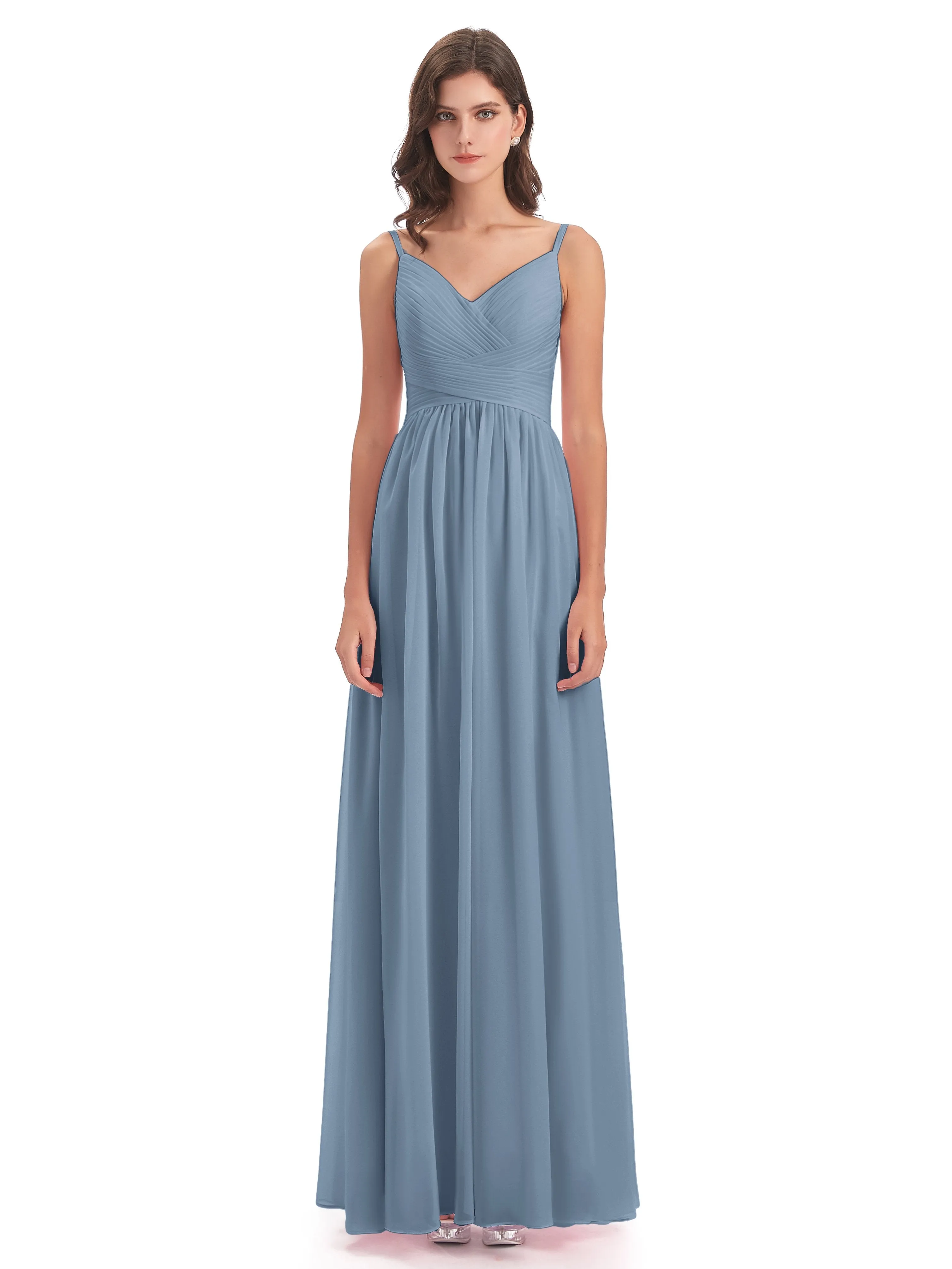 Poppy Simple Spaghetti Straps Pleating Long Bridesmaid Dresses