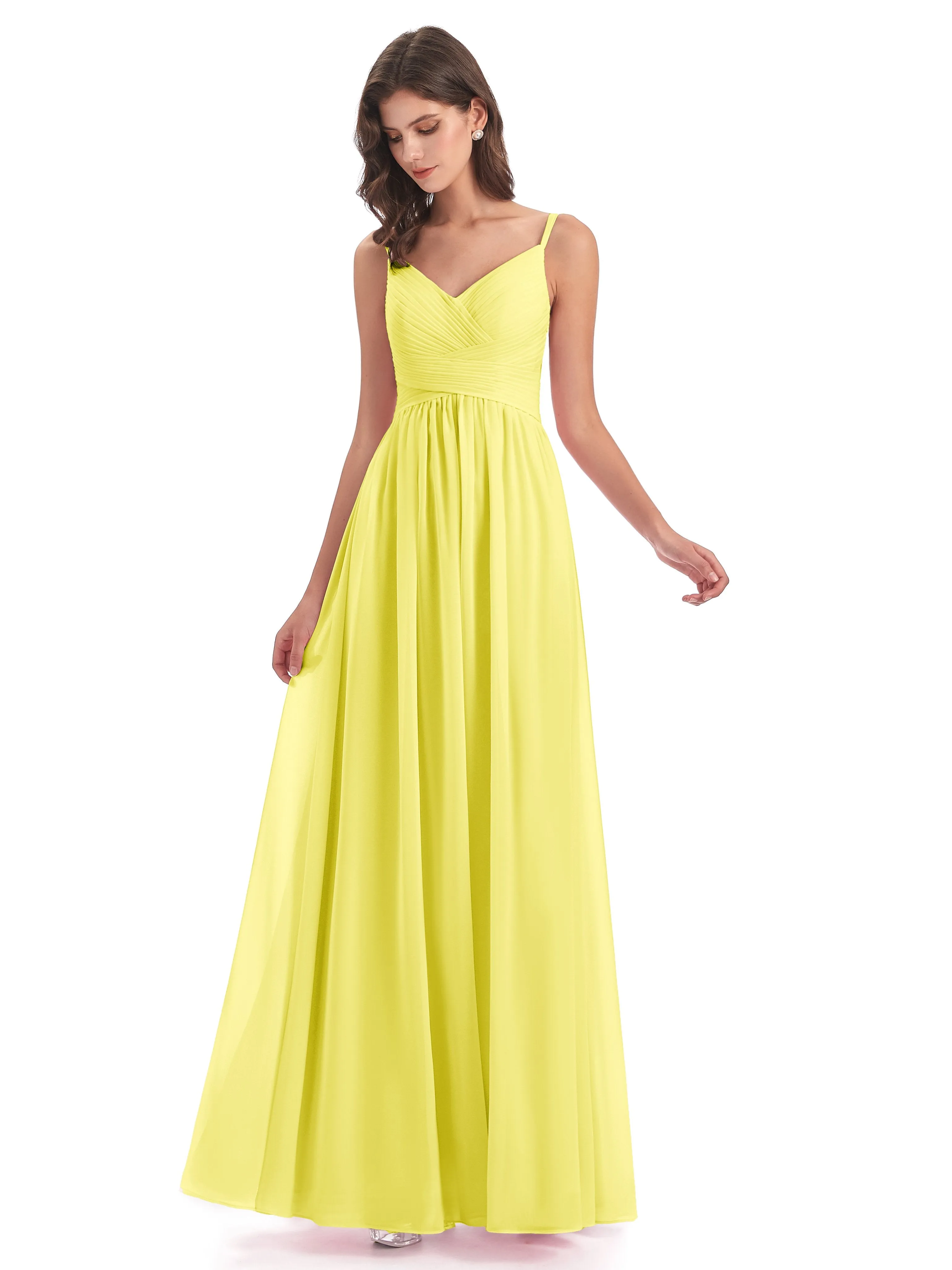 Poppy Simple Spaghetti Straps Pleating Long Bridesmaid Dresses