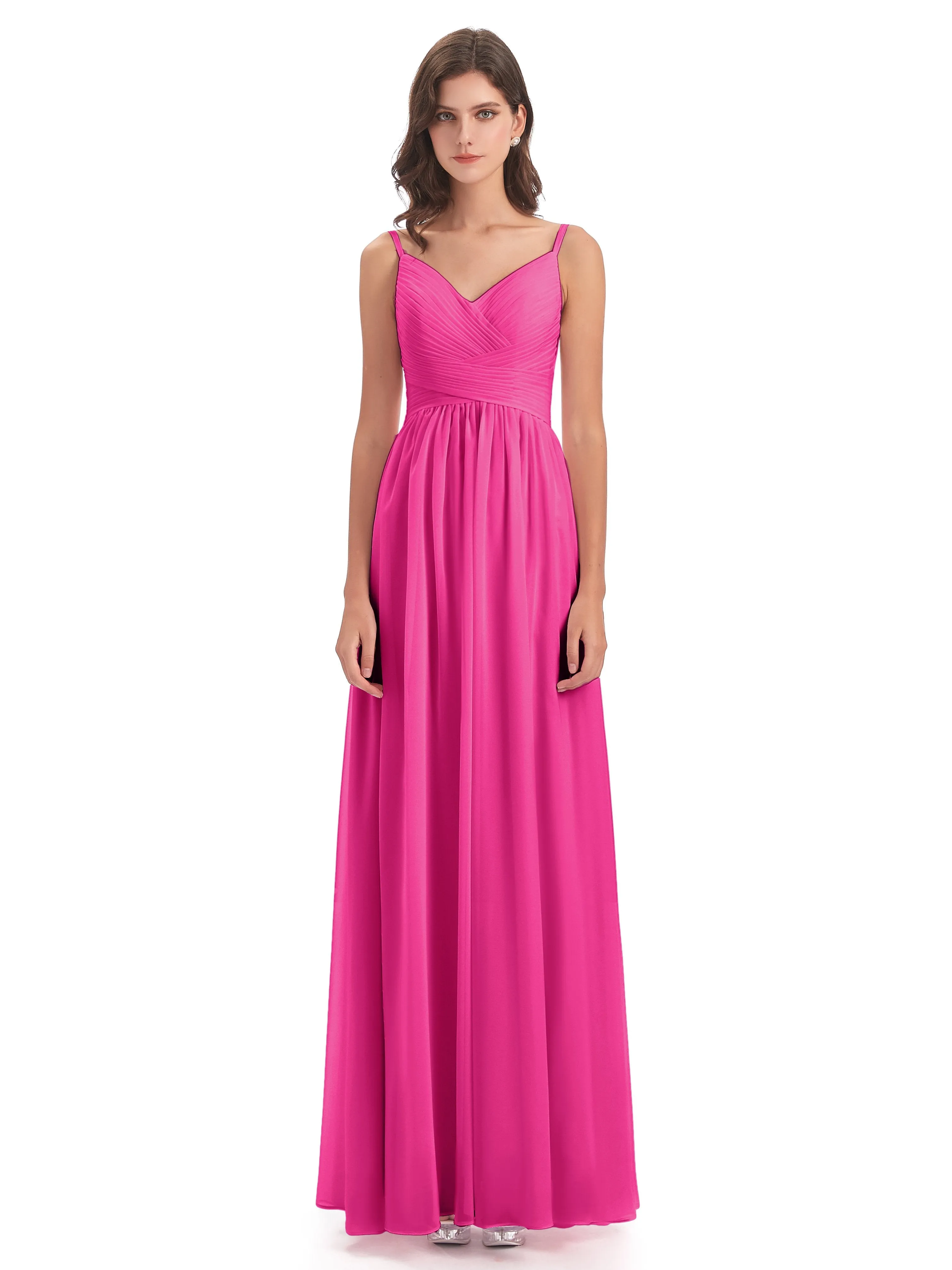 Poppy Simple Spaghetti Straps Pleating Long Bridesmaid Dresses