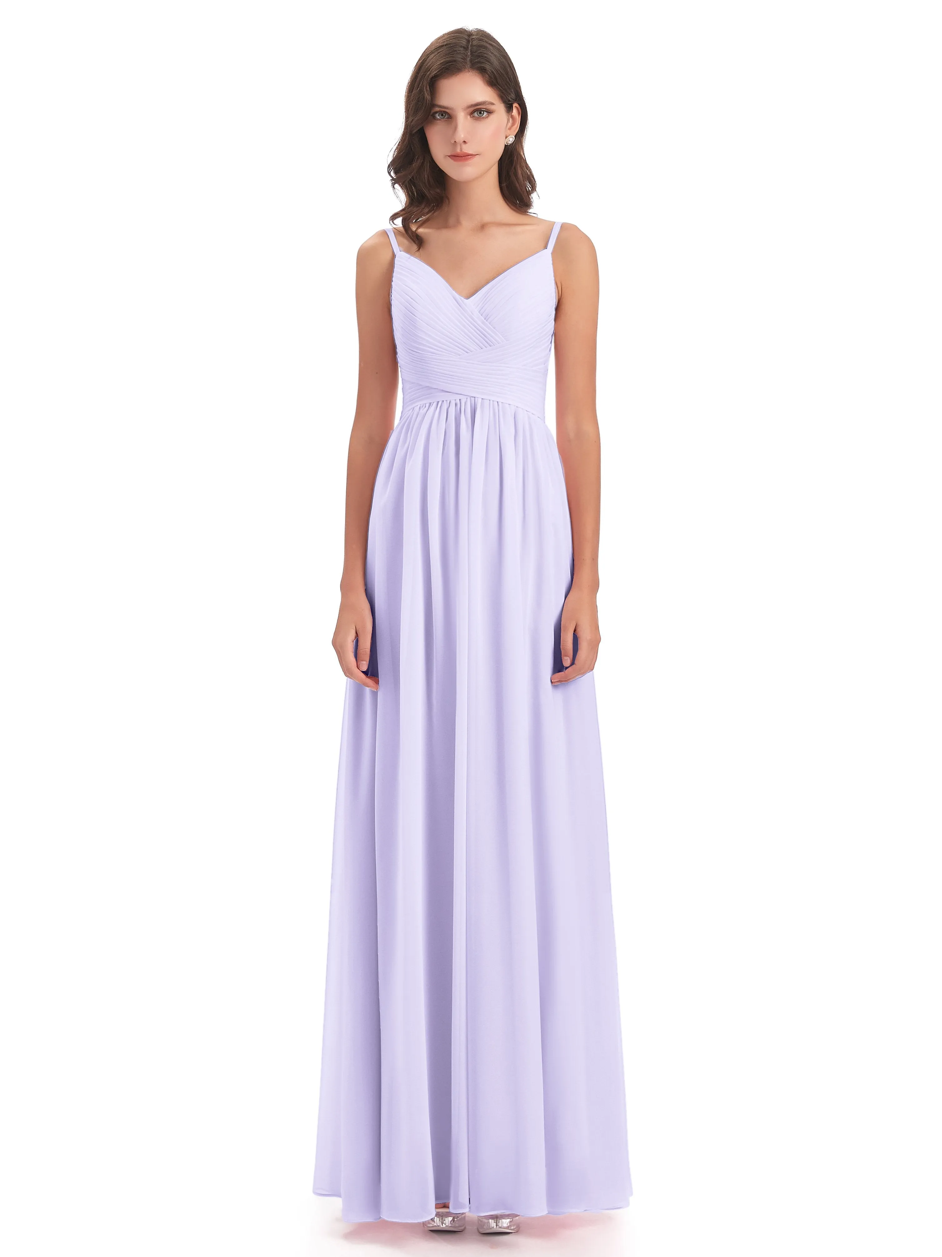 Poppy Simple Spaghetti Straps Pleating Long Bridesmaid Dresses