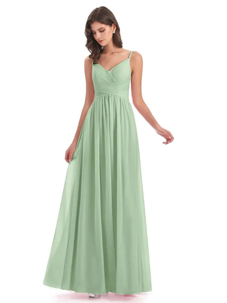 Poppy Simple Spaghetti Straps Pleating Long Bridesmaid Dresses