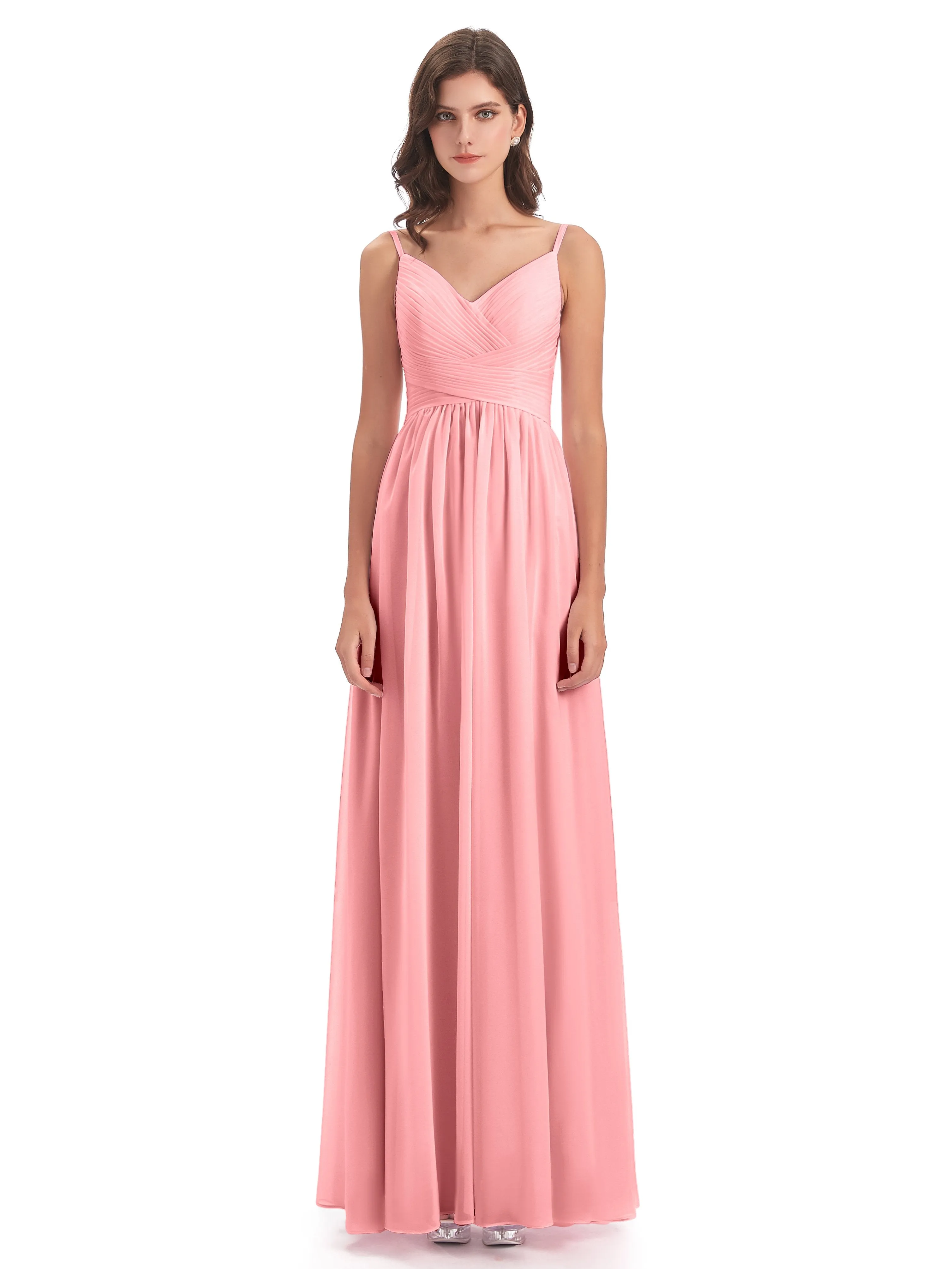 Poppy Simple Spaghetti Straps Pleating Long Bridesmaid Dresses