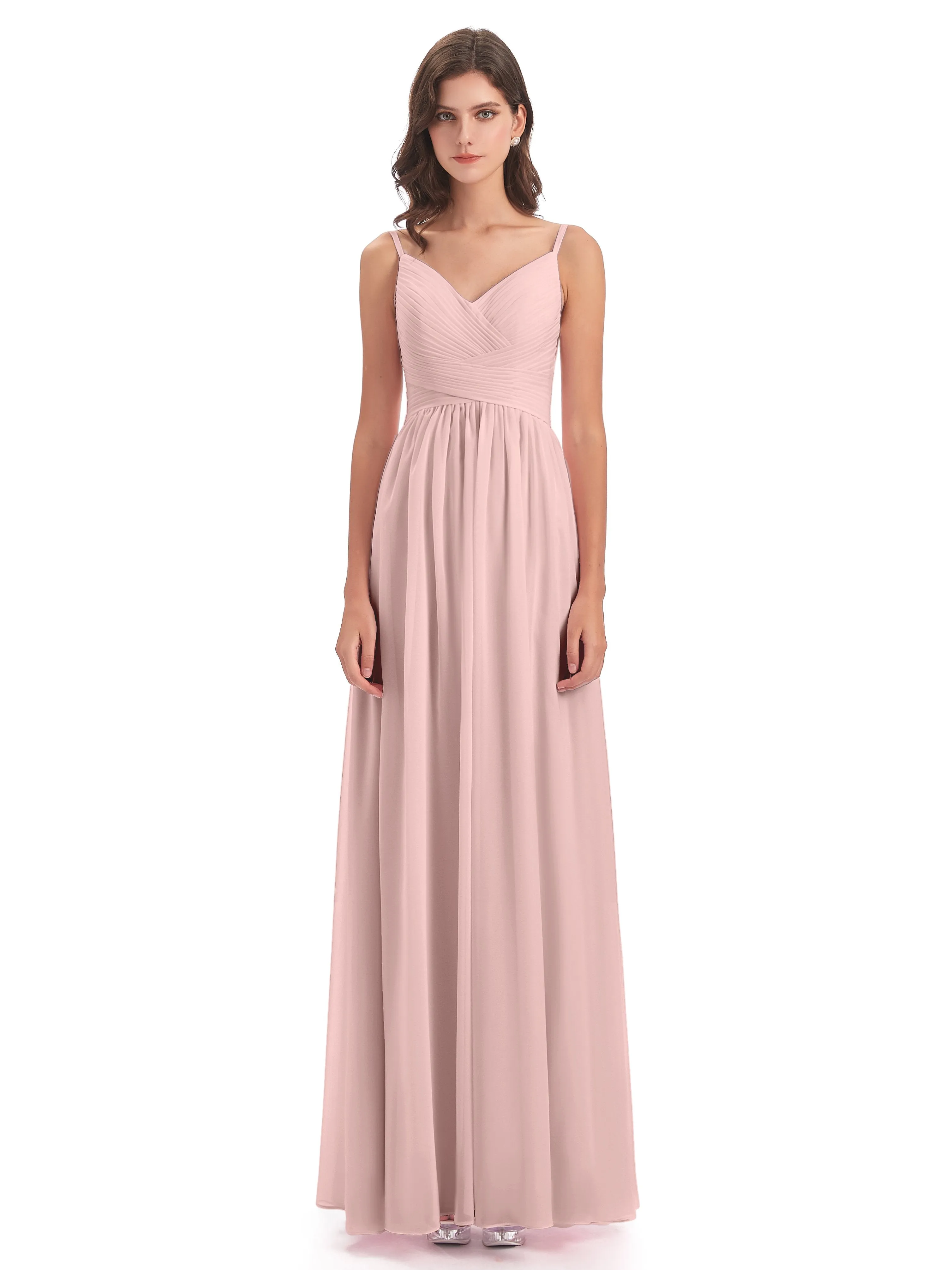 Poppy Simple Spaghetti Straps Pleating Long Bridesmaid Dresses