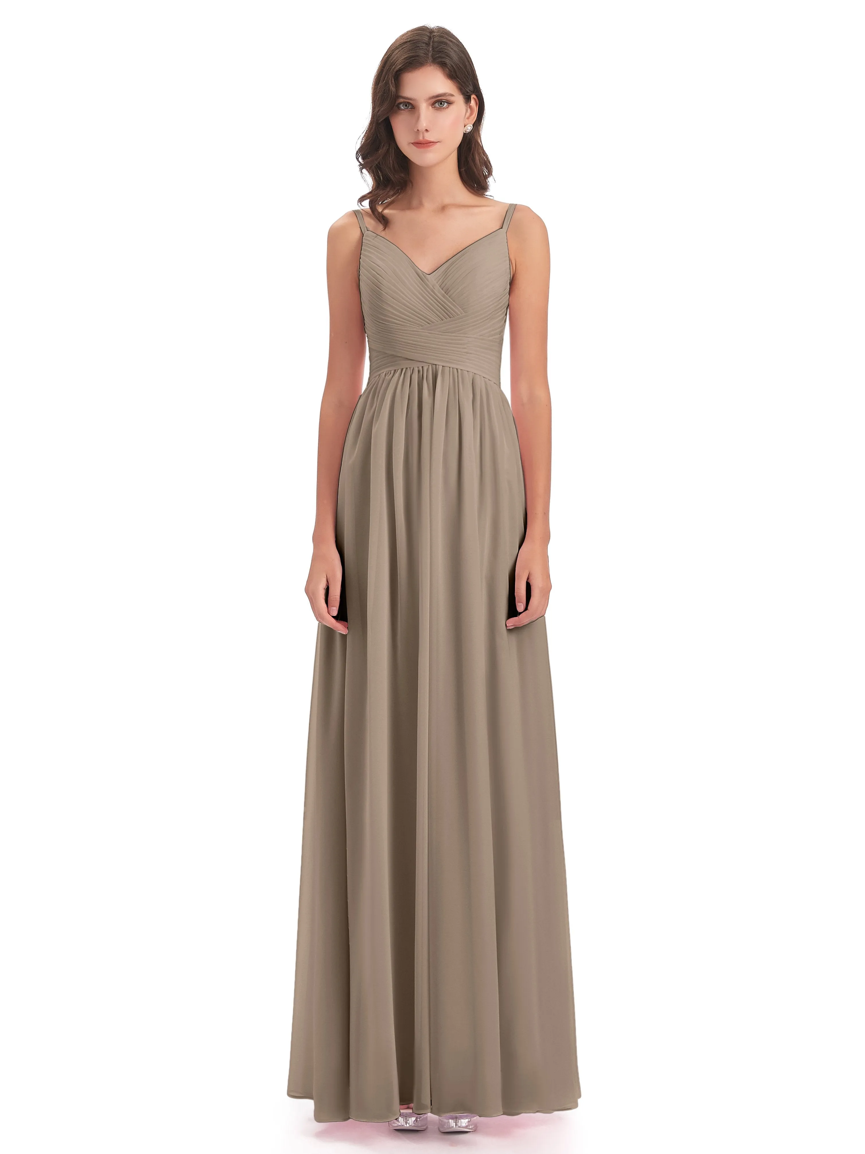 Poppy Simple Spaghetti Straps Pleating Long Bridesmaid Dresses