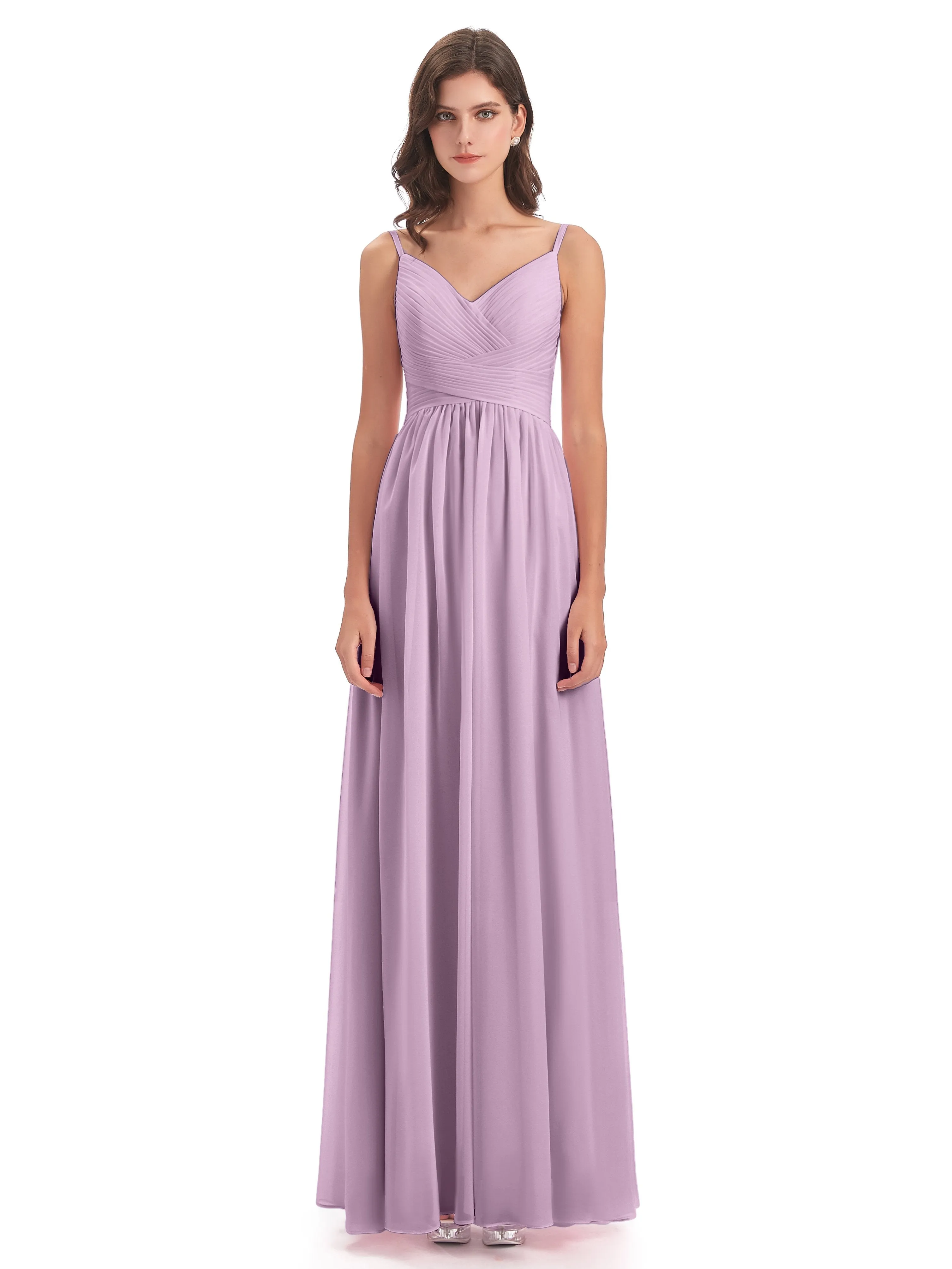 Poppy Simple Spaghetti Straps Pleating Long Bridesmaid Dresses