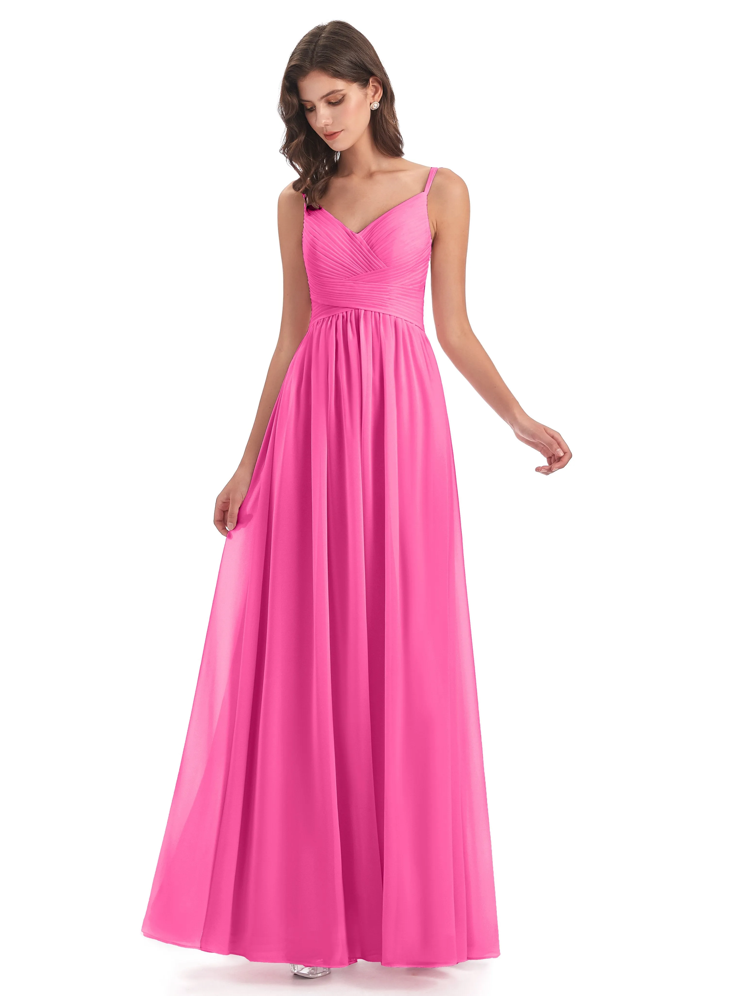 Poppy Simple Spaghetti Straps Pleating Long Bridesmaid Dresses