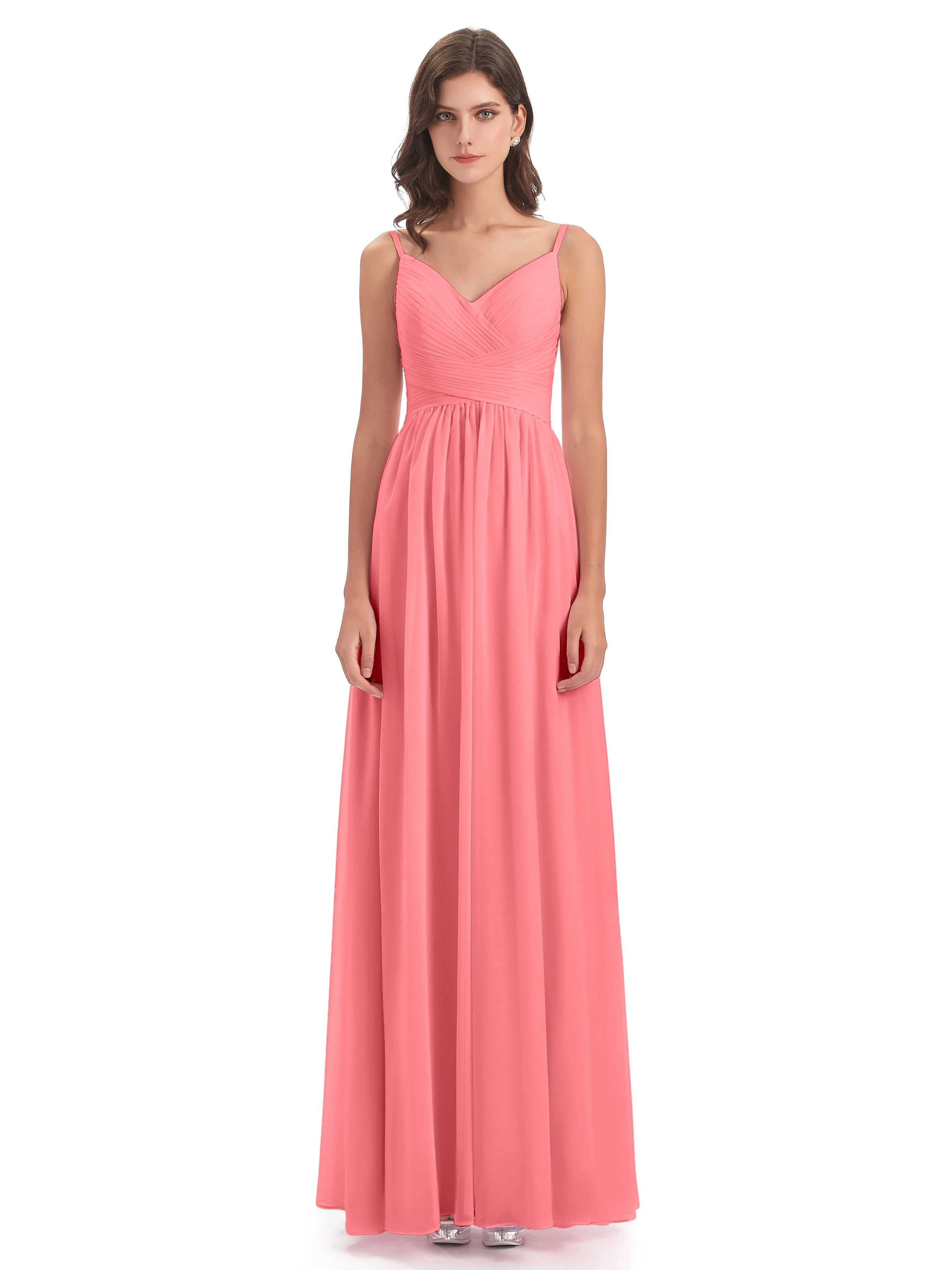 Poppy Simple Spaghetti Straps Pleating Long Bridesmaid Dresses