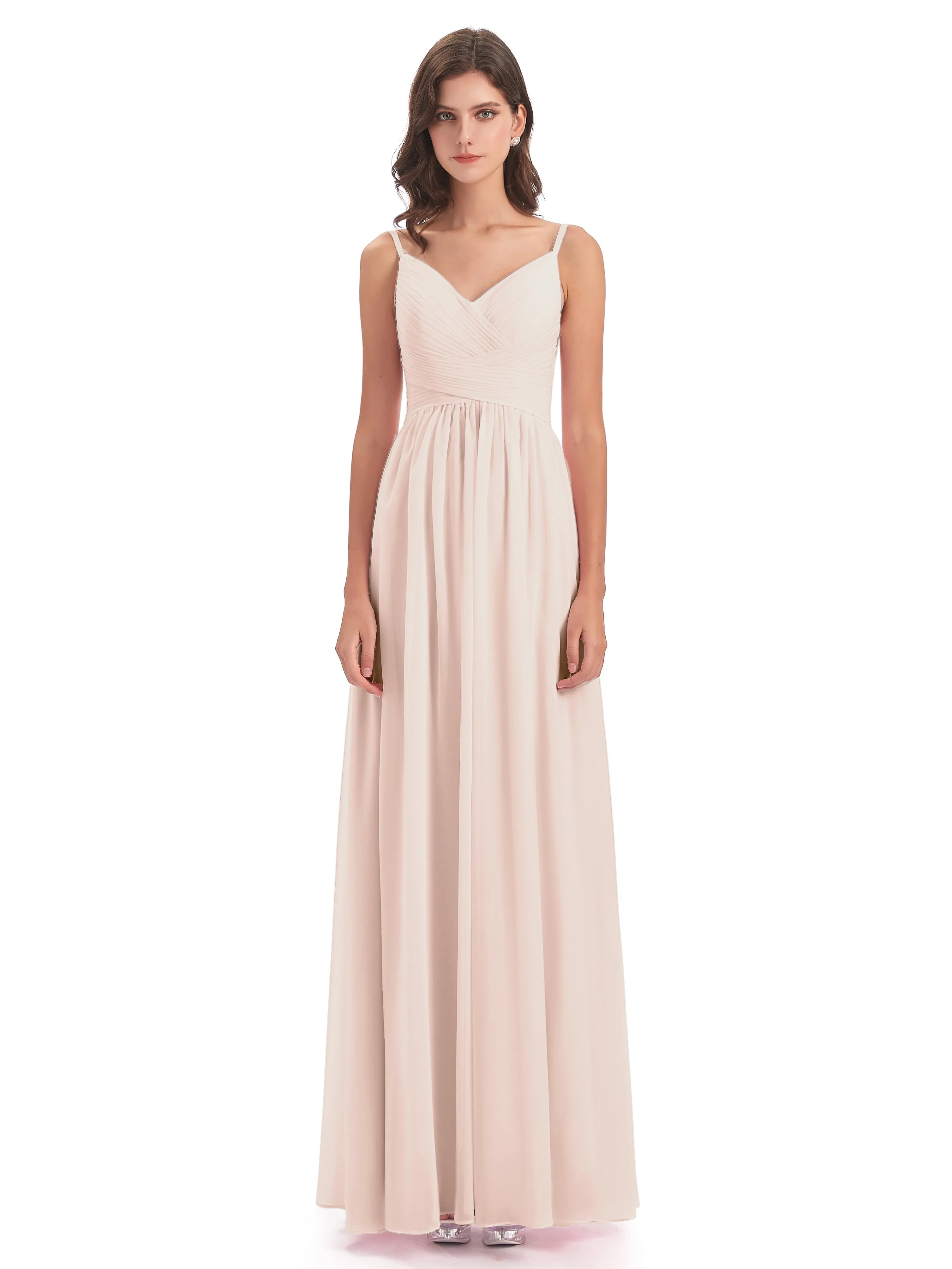 Poppy Simple Spaghetti Straps Pleating Long Bridesmaid Dresses