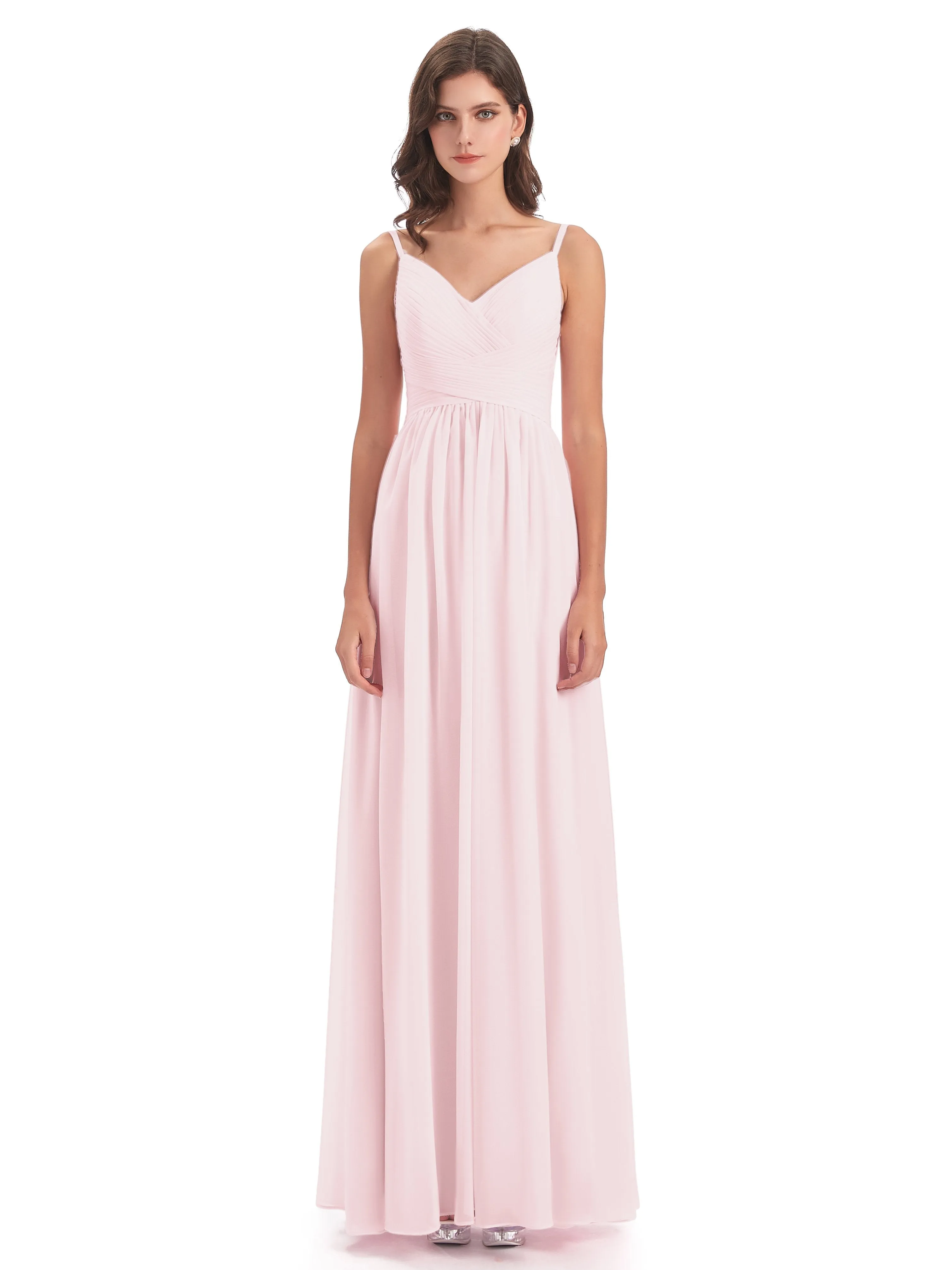 Poppy Simple Spaghetti Straps Pleating Long Bridesmaid Dresses