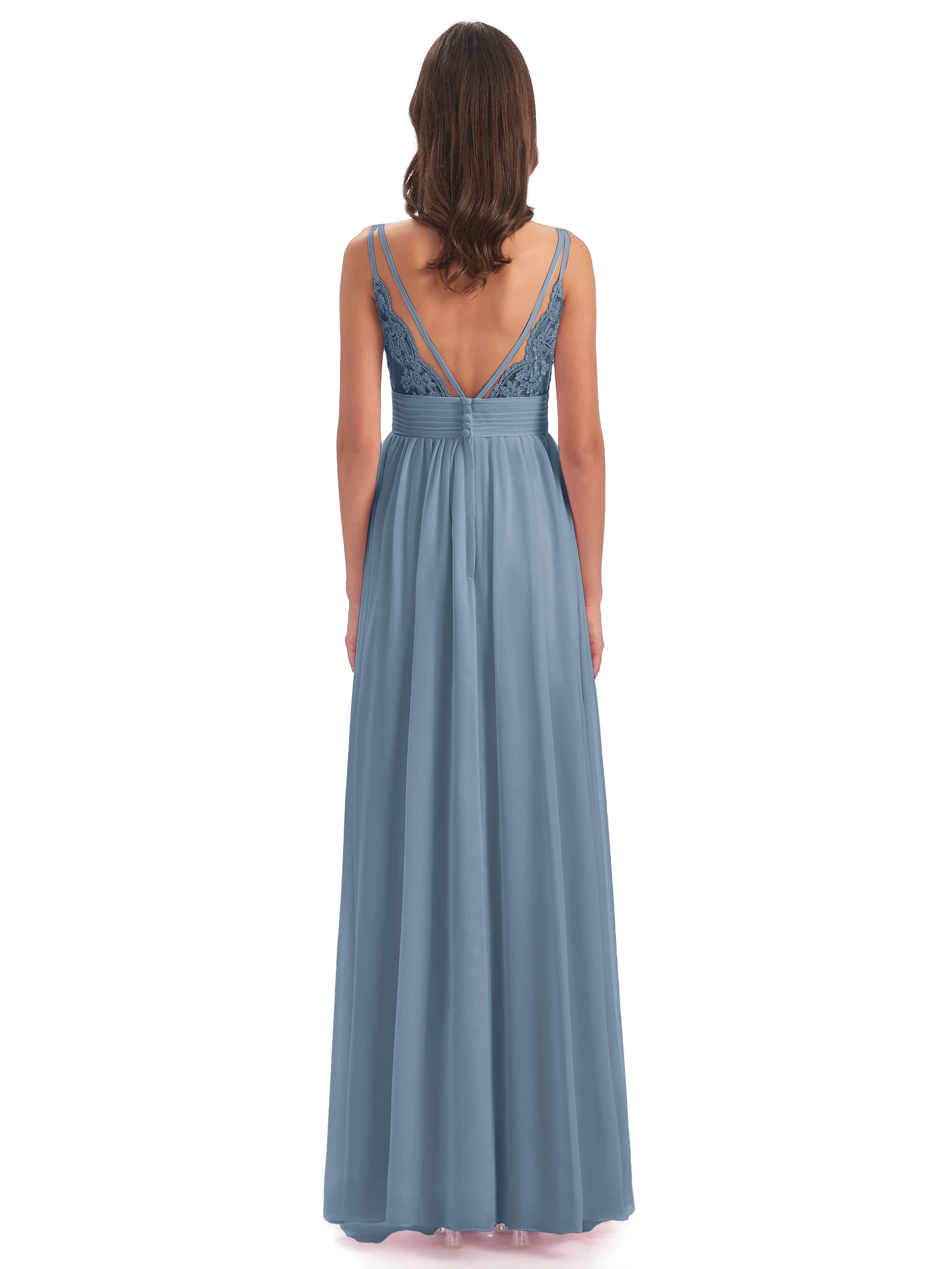 Poppy Simple Spaghetti Straps Pleating Long Bridesmaid Dresses