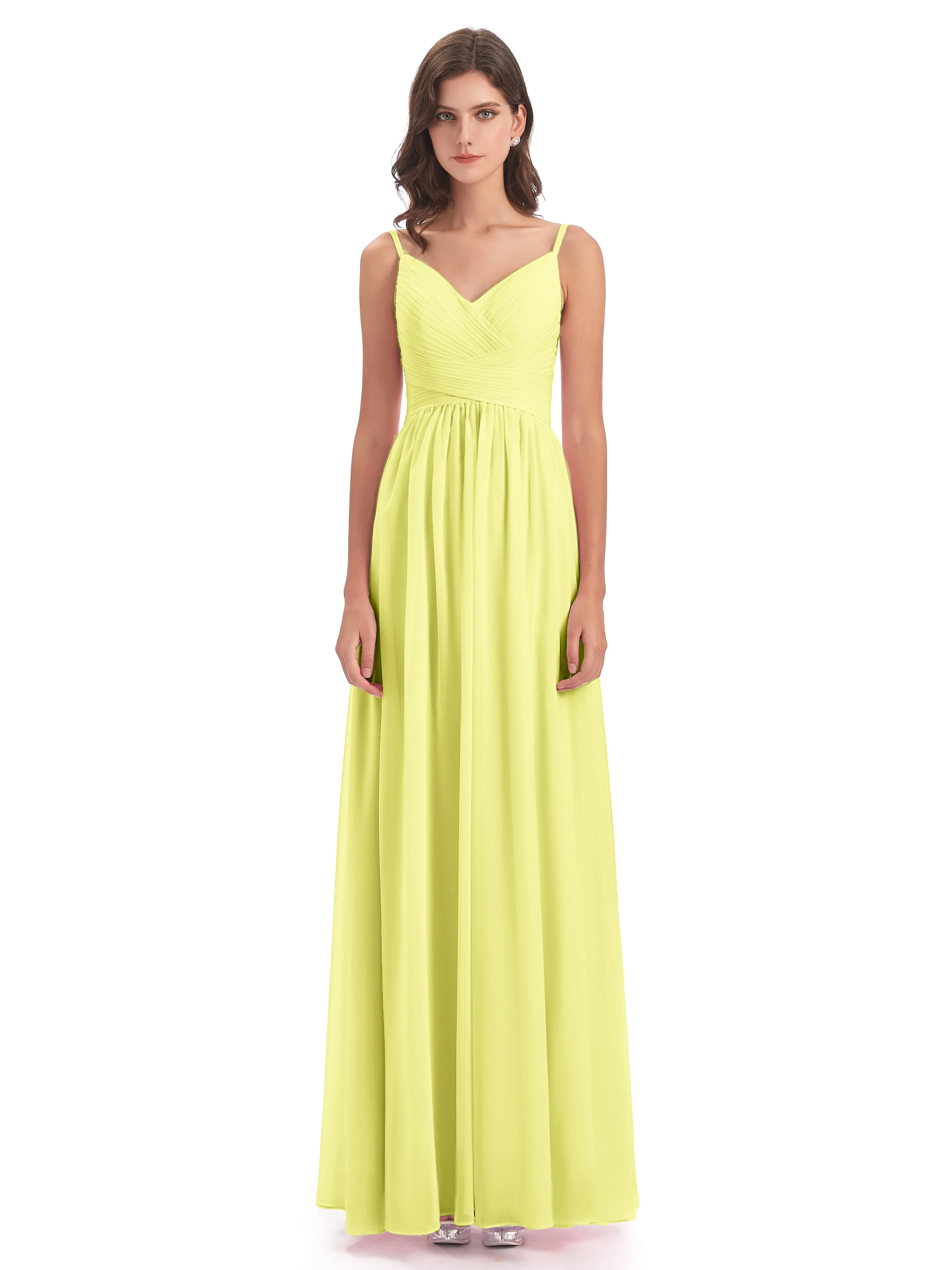 Poppy Simple Spaghetti Straps Pleating Long Bridesmaid Dresses