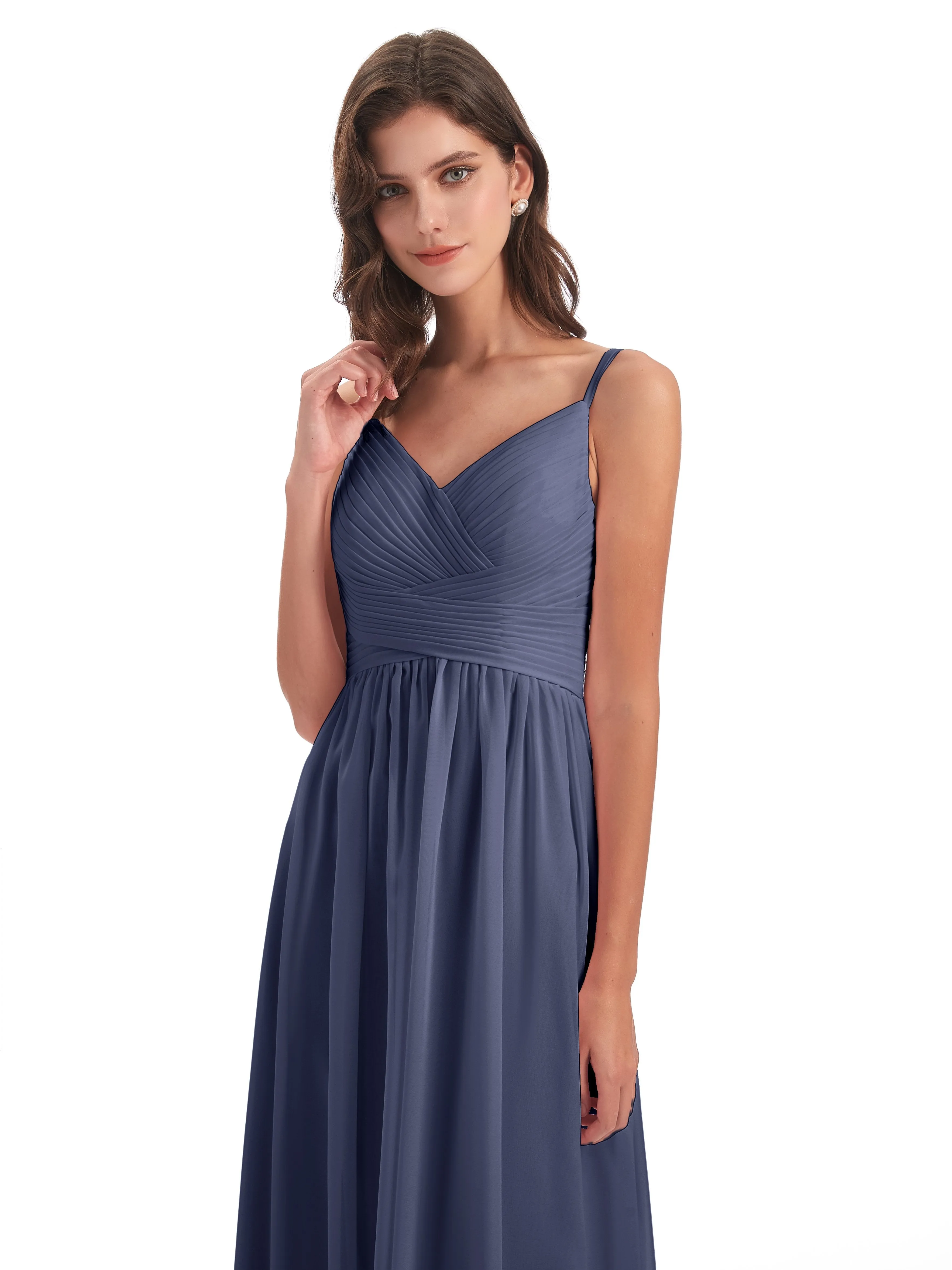 Poppy Simple Spaghetti Straps Pleating Long Bridesmaid Dresses