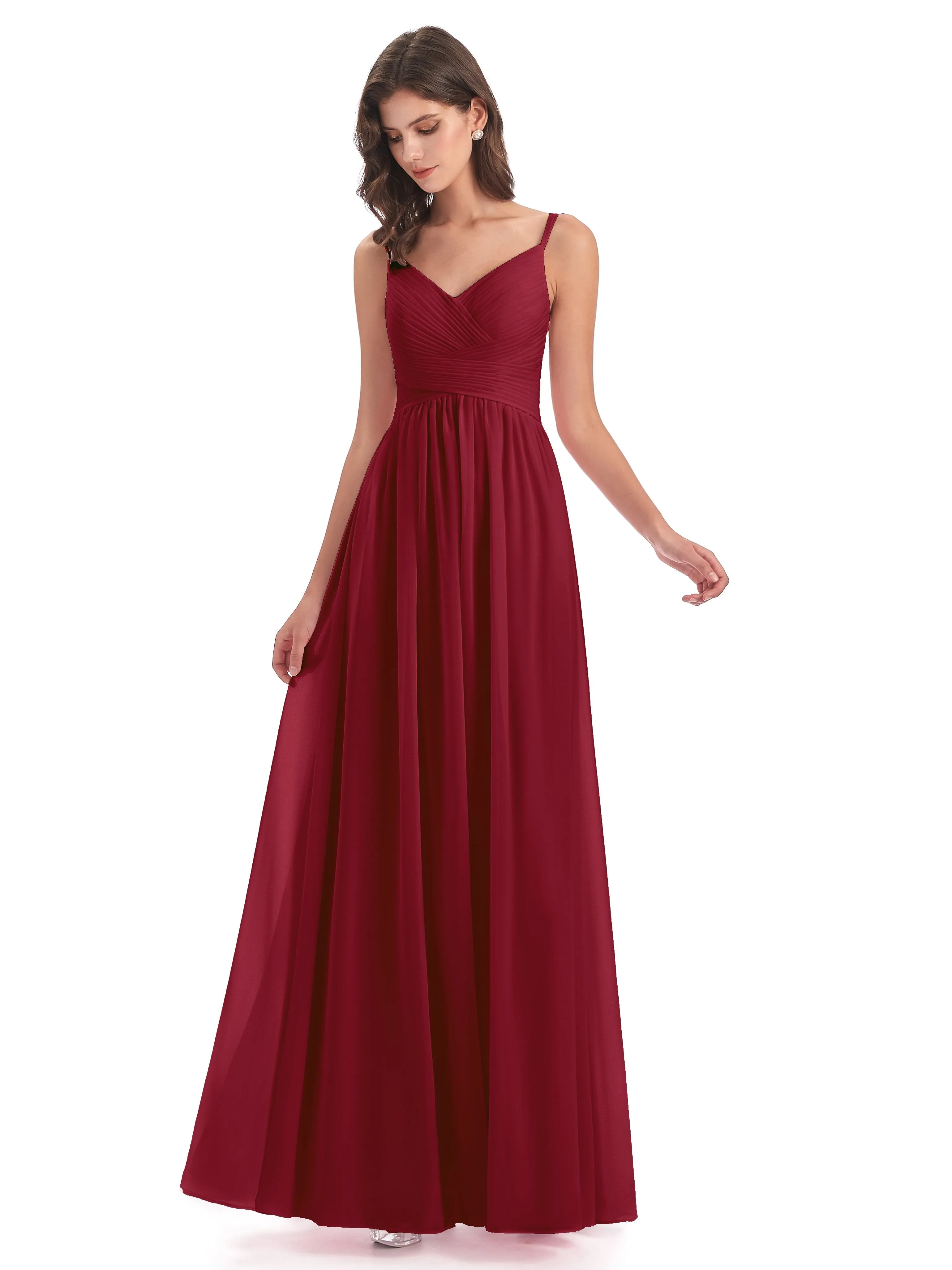 Poppy Simple Spaghetti Straps Pleating Long Bridesmaid Dresses