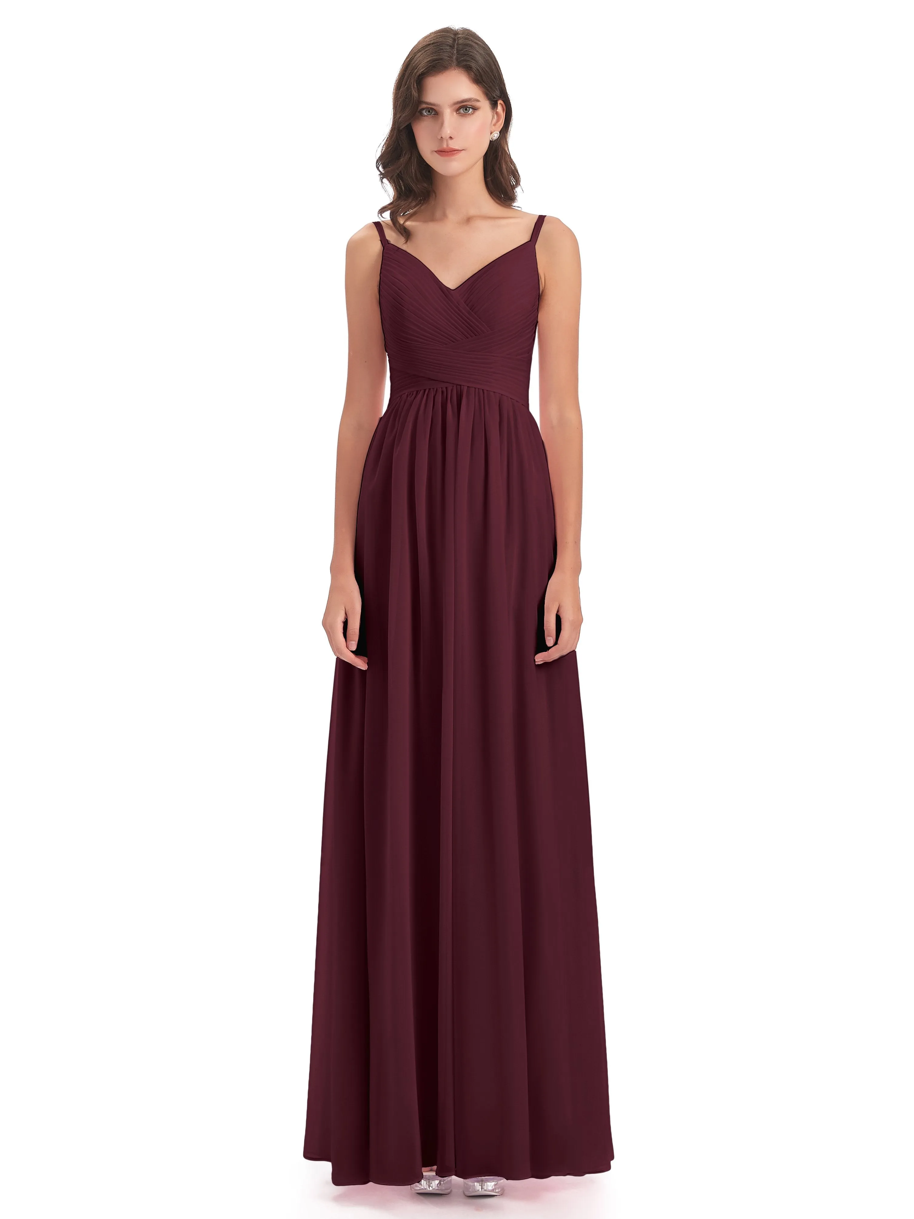 Poppy Simple Spaghetti Straps Pleating Long Bridesmaid Dresses