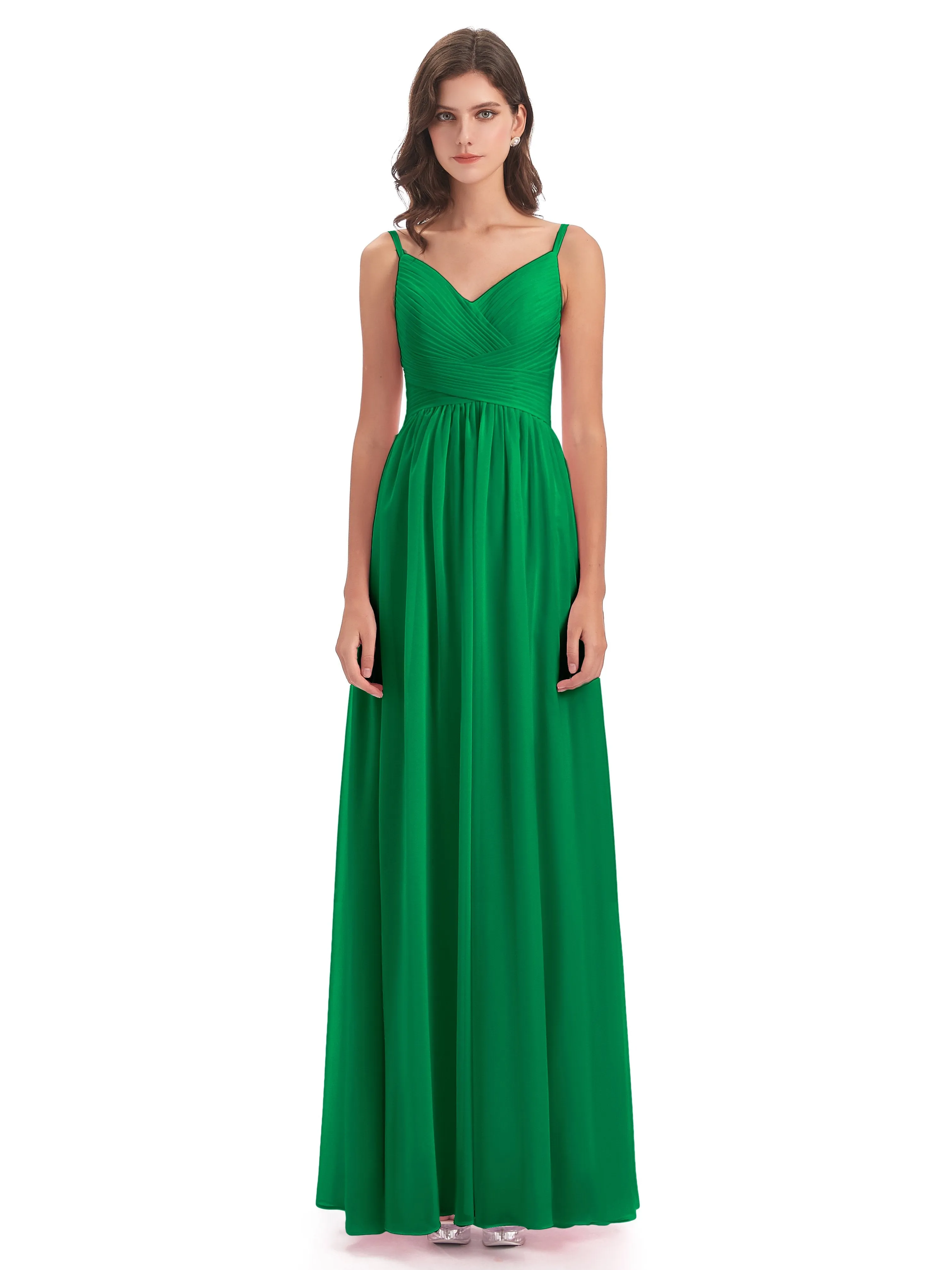 Poppy Simple Spaghetti Straps Pleating Long Bridesmaid Dresses