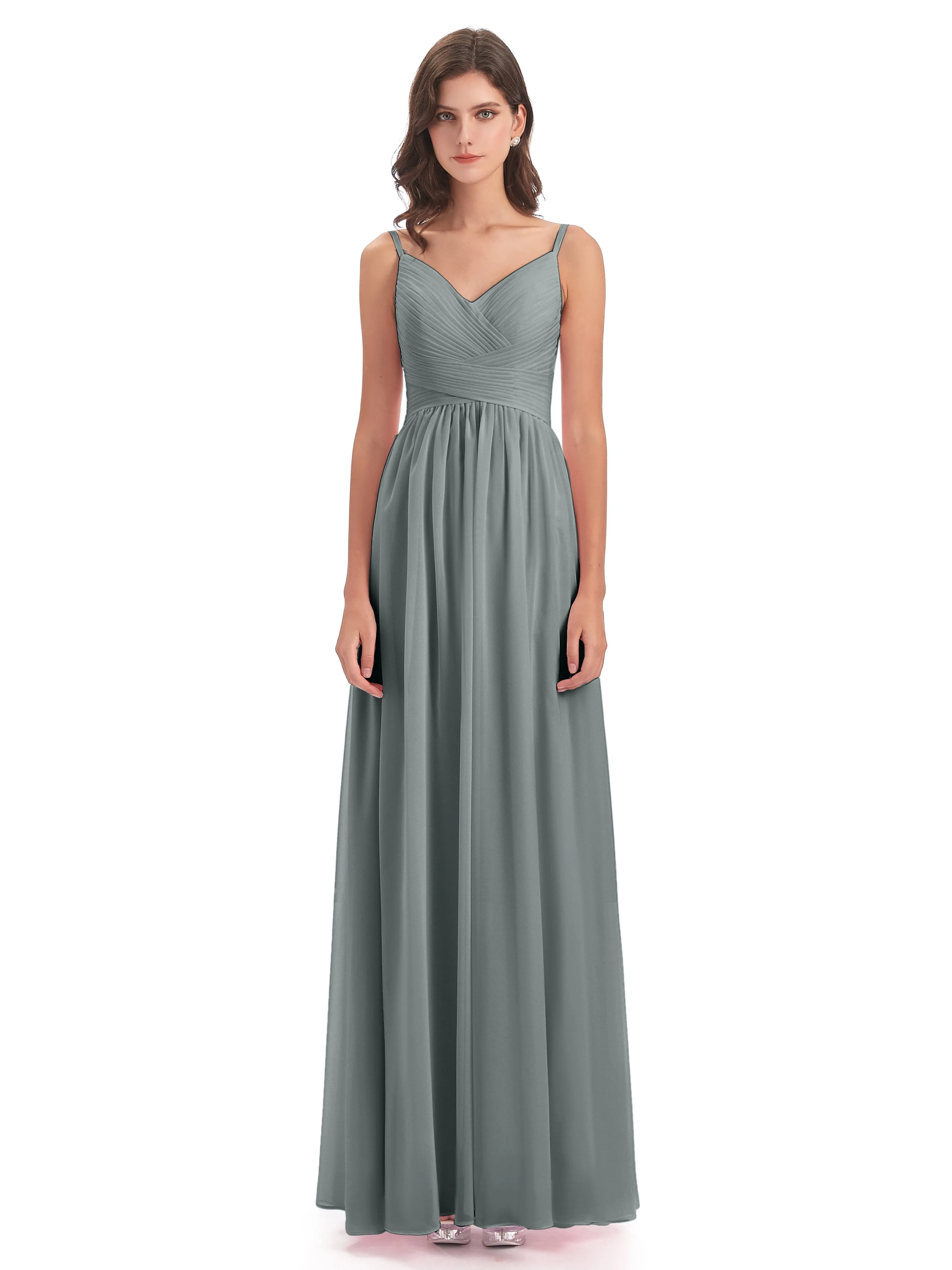 Poppy Simple Spaghetti Straps Pleating Long Bridesmaid Dresses