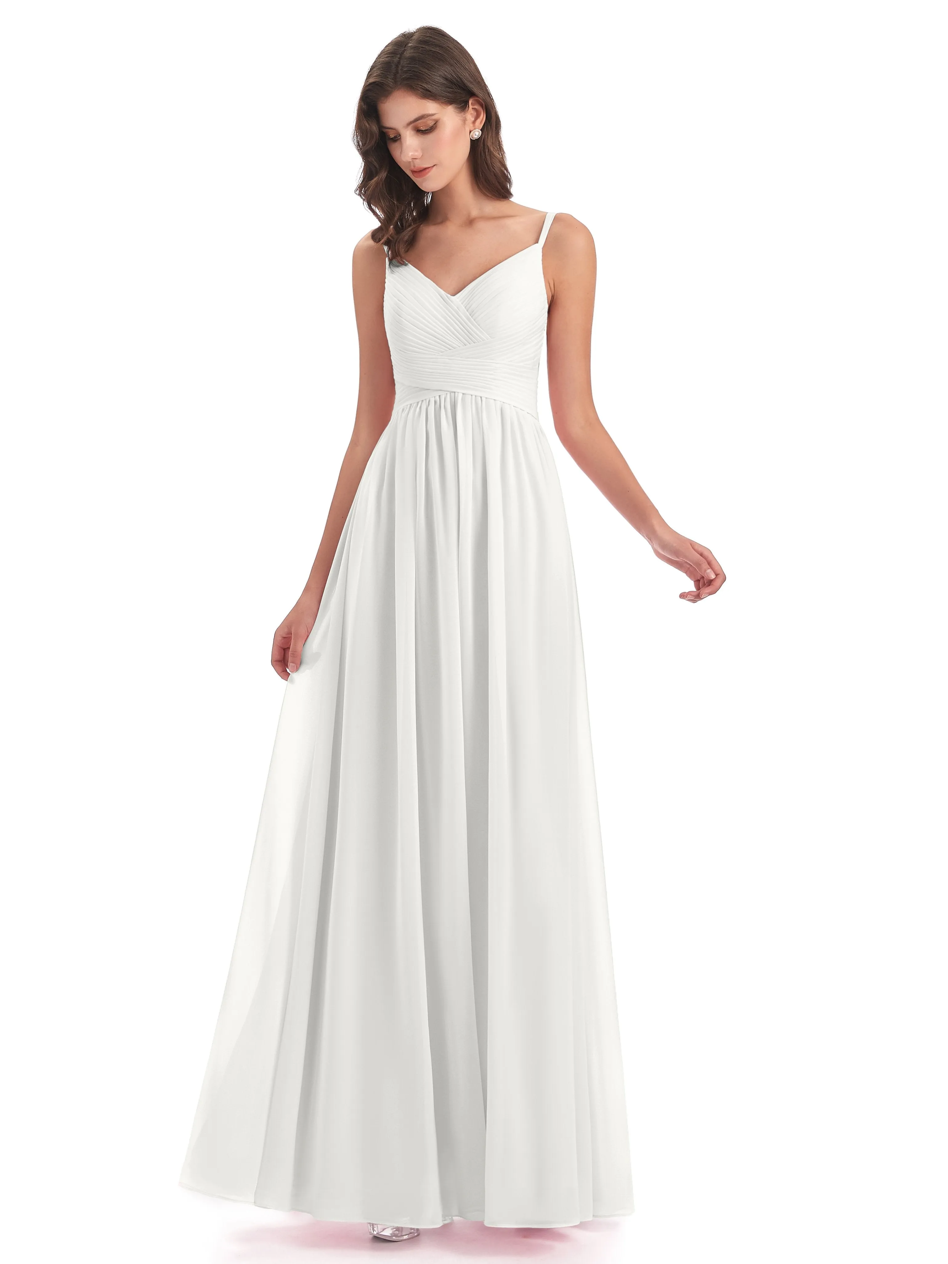 Poppy Simple Spaghetti Straps Pleating Long Bridesmaid Dresses