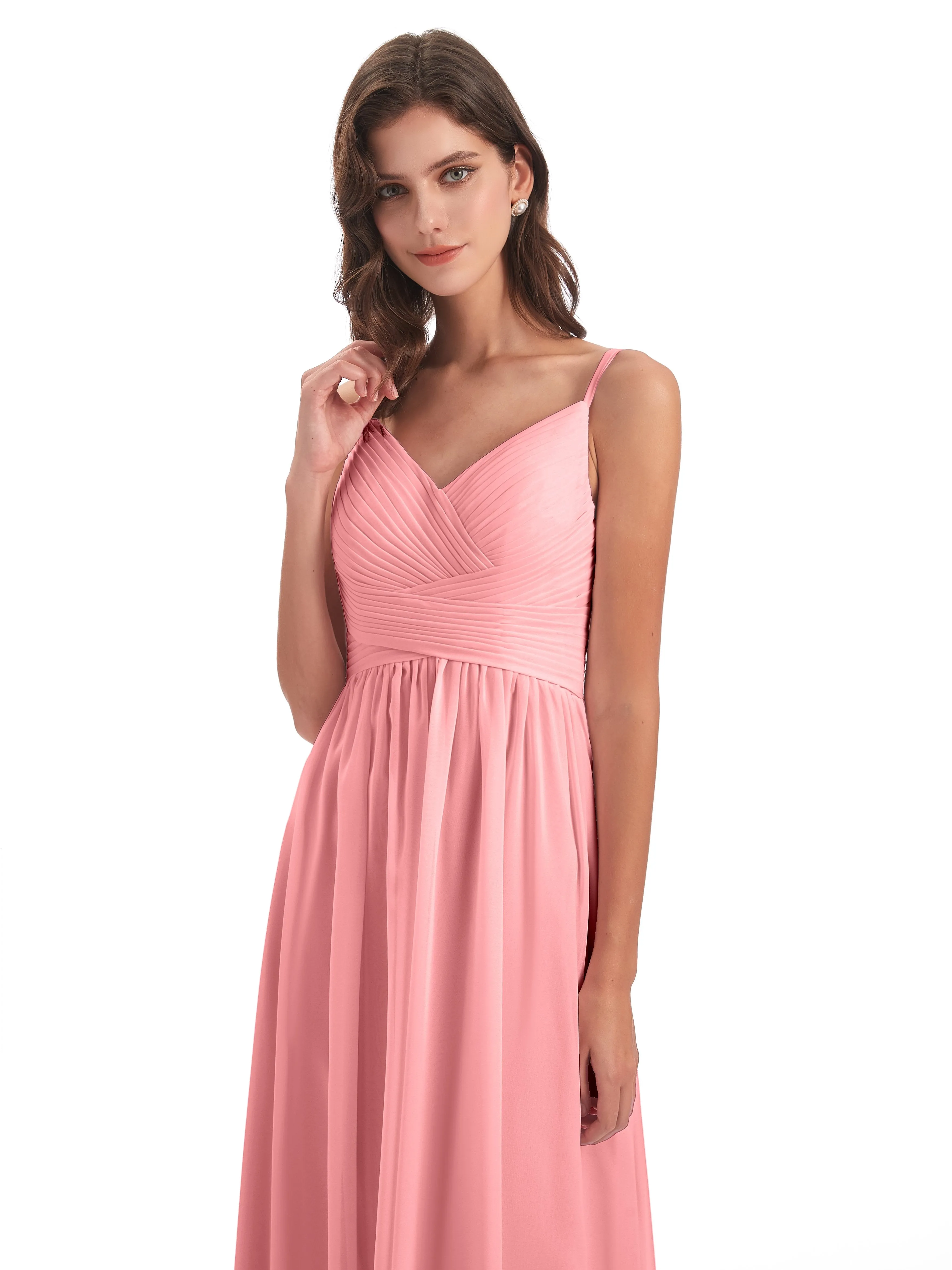 Poppy Simple Spaghetti Straps Pleating Long Bridesmaid Dresses