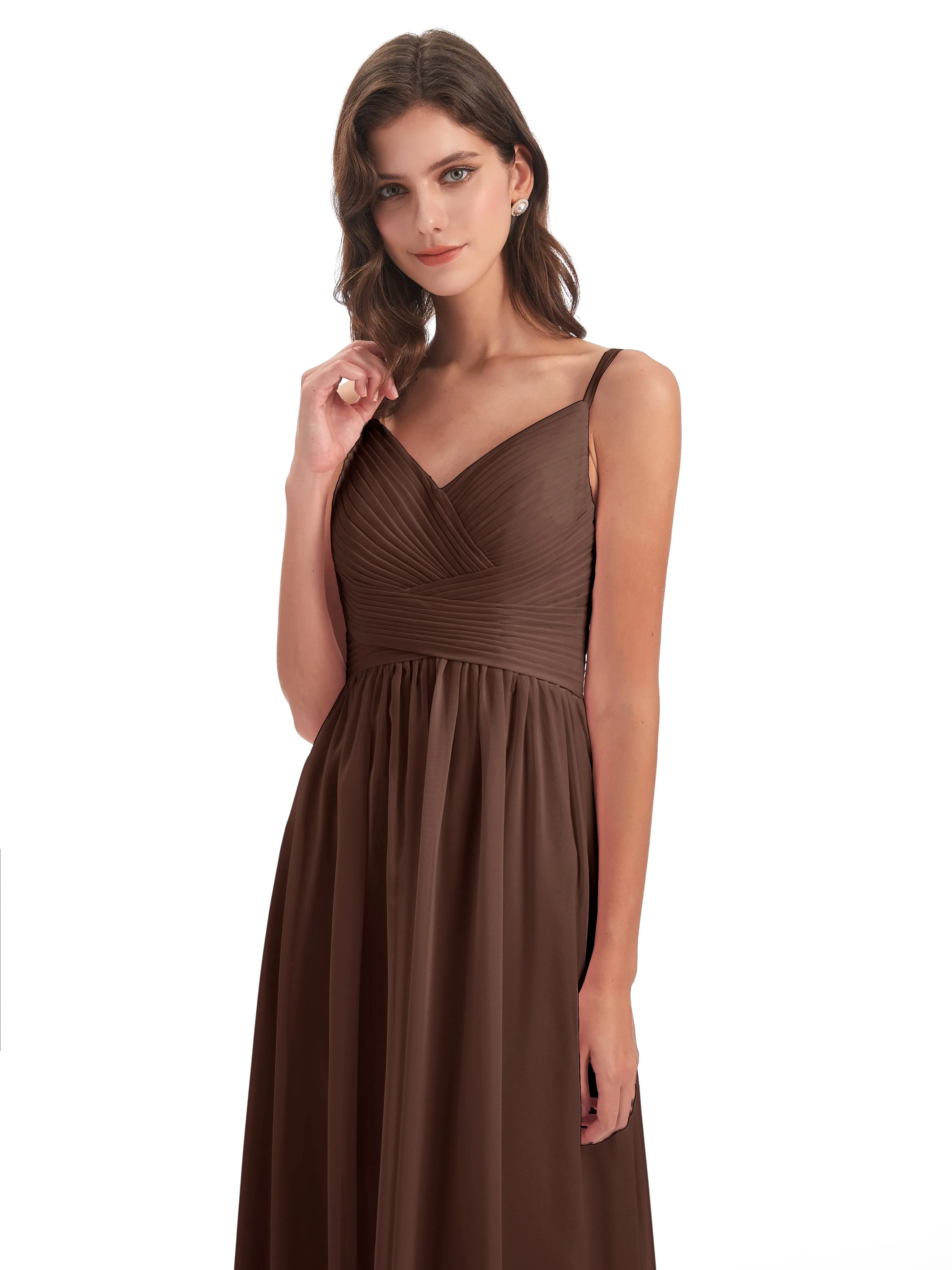 Poppy Simple Spaghetti Straps Pleating Long Bridesmaid Dresses