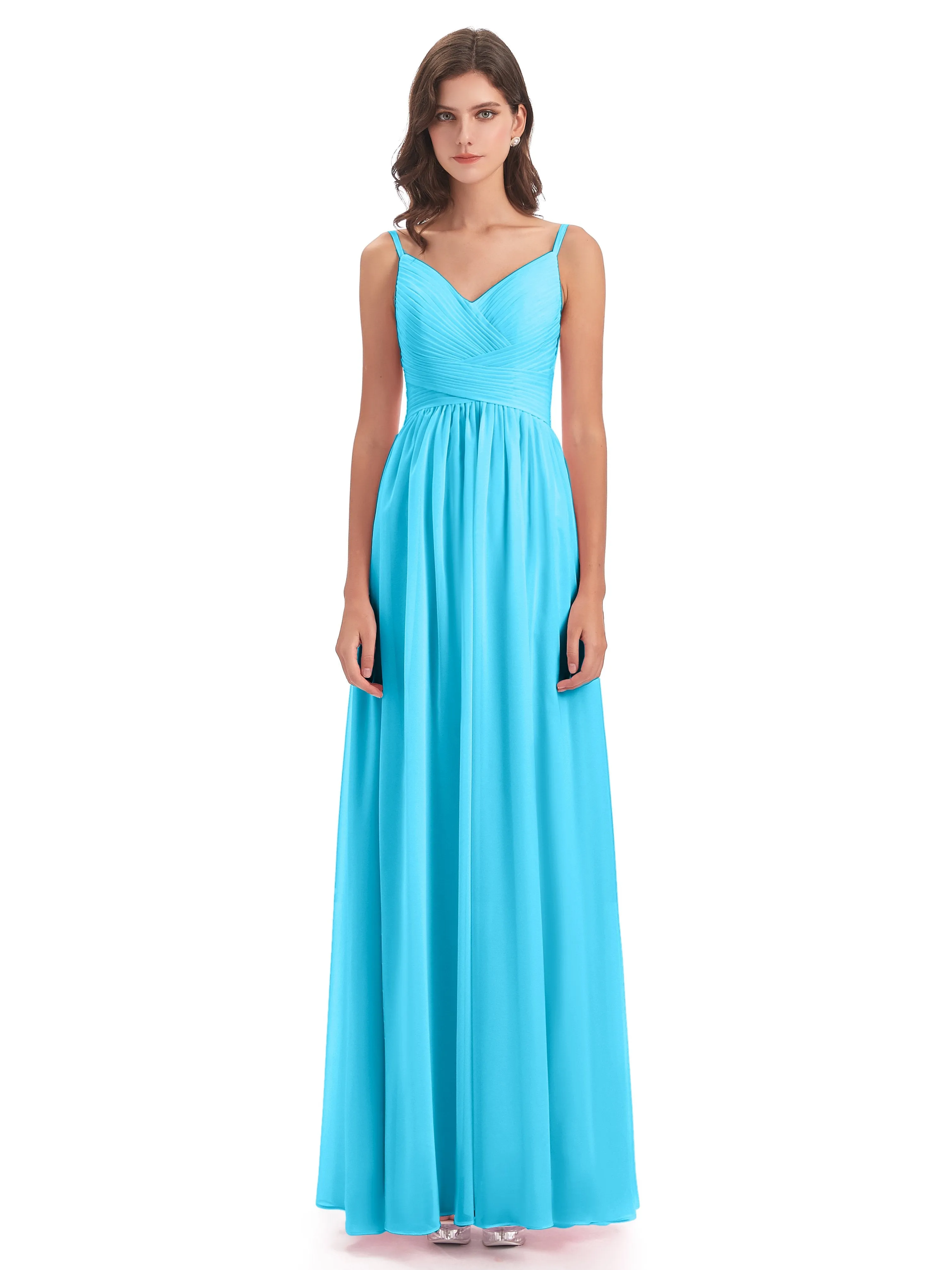 Poppy Simple Spaghetti Straps Pleating Long Bridesmaid Dresses