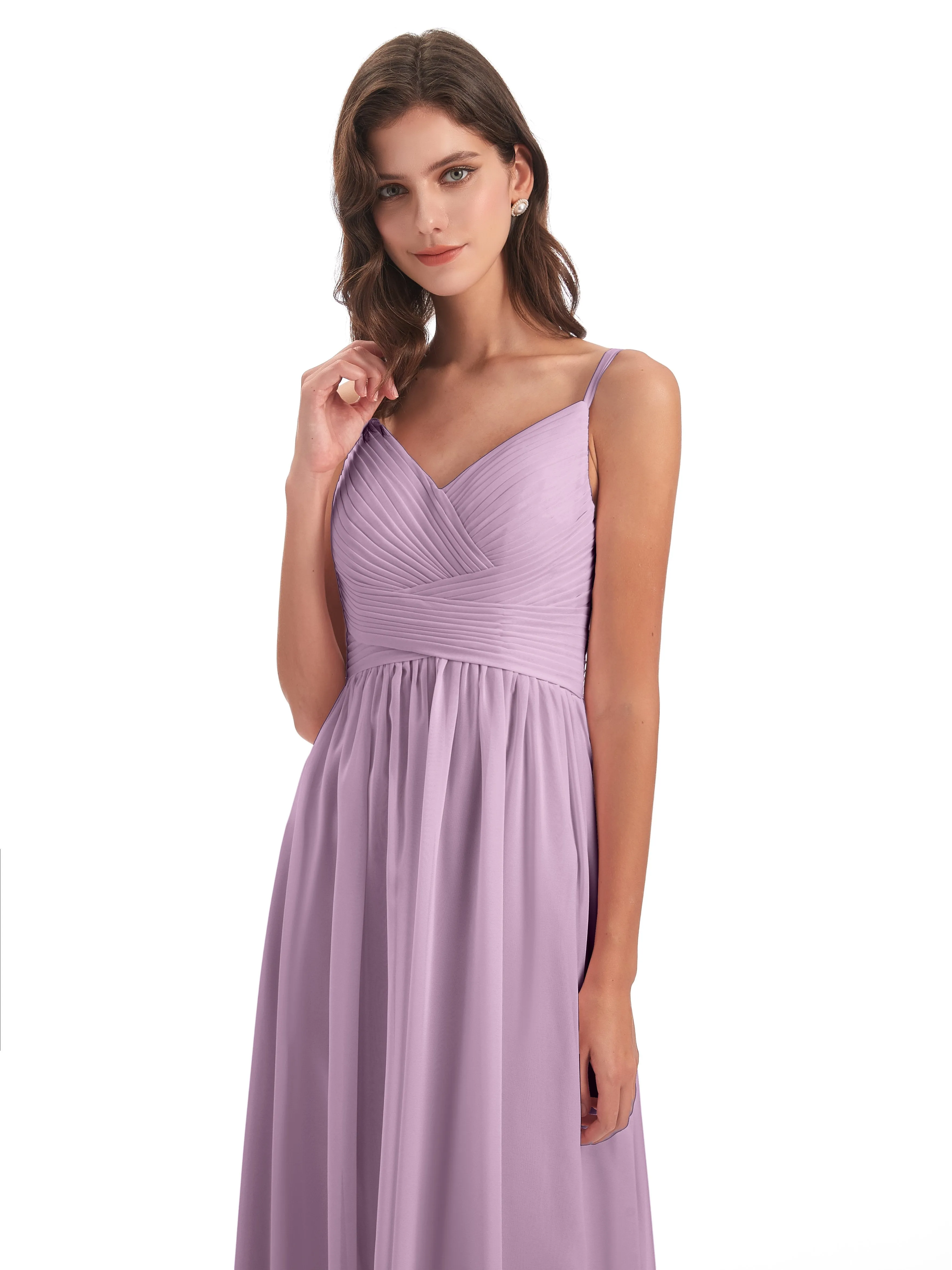 Poppy Simple Spaghetti Straps Pleating Long Bridesmaid Dresses