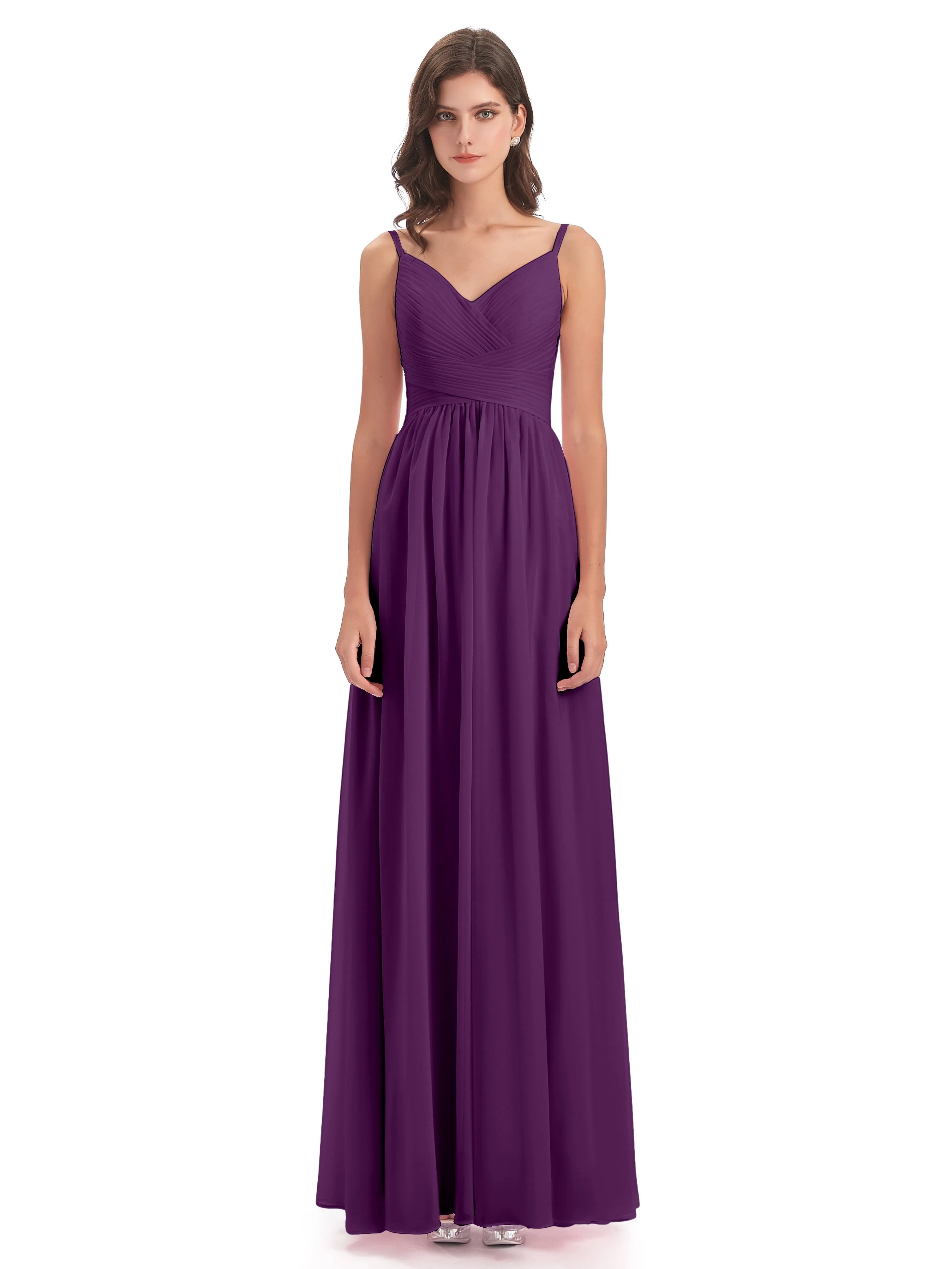 Poppy Simple Spaghetti Straps Pleating Long Bridesmaid Dresses