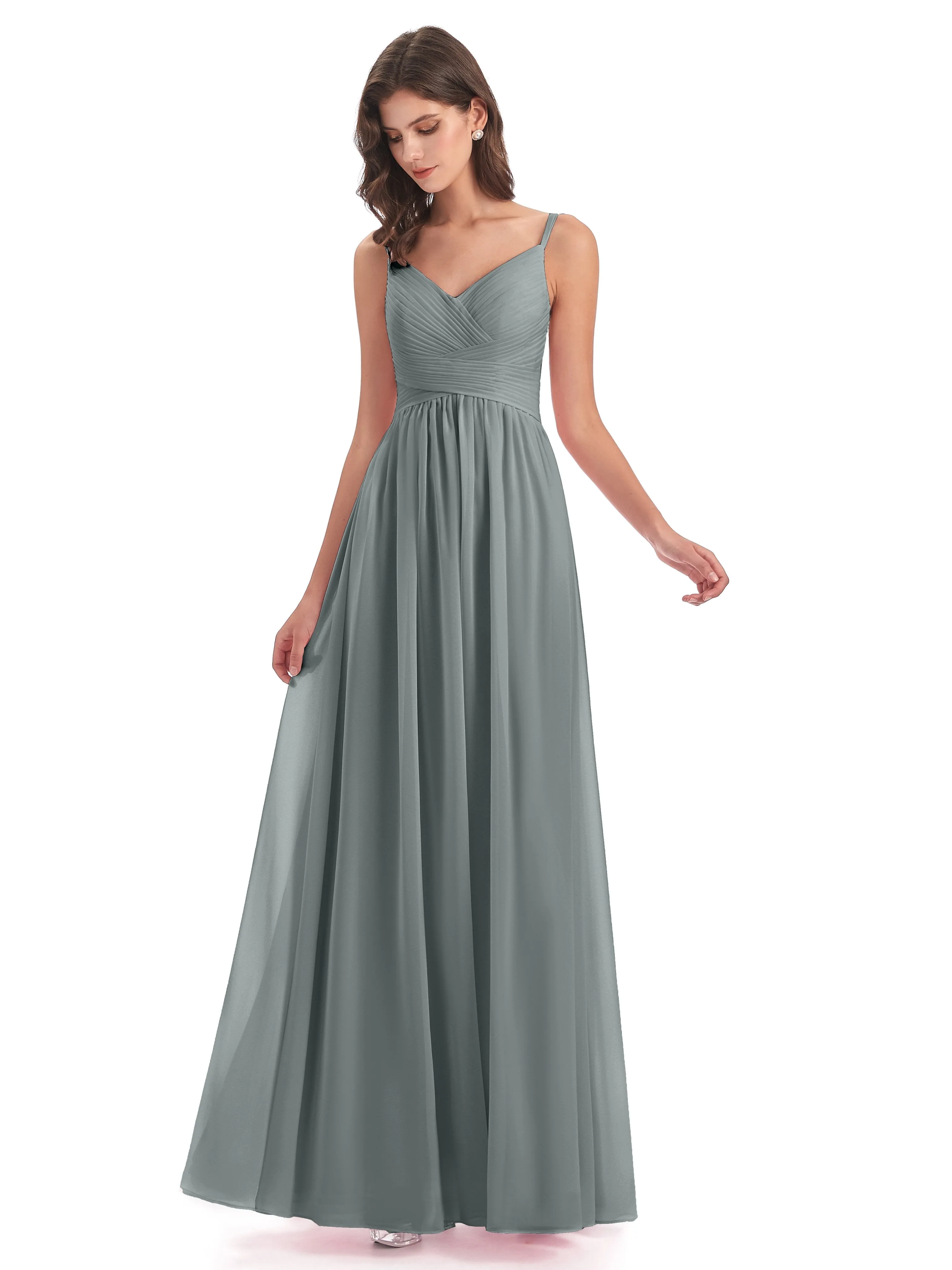 Poppy Simple Spaghetti Straps Pleating Long Bridesmaid Dresses