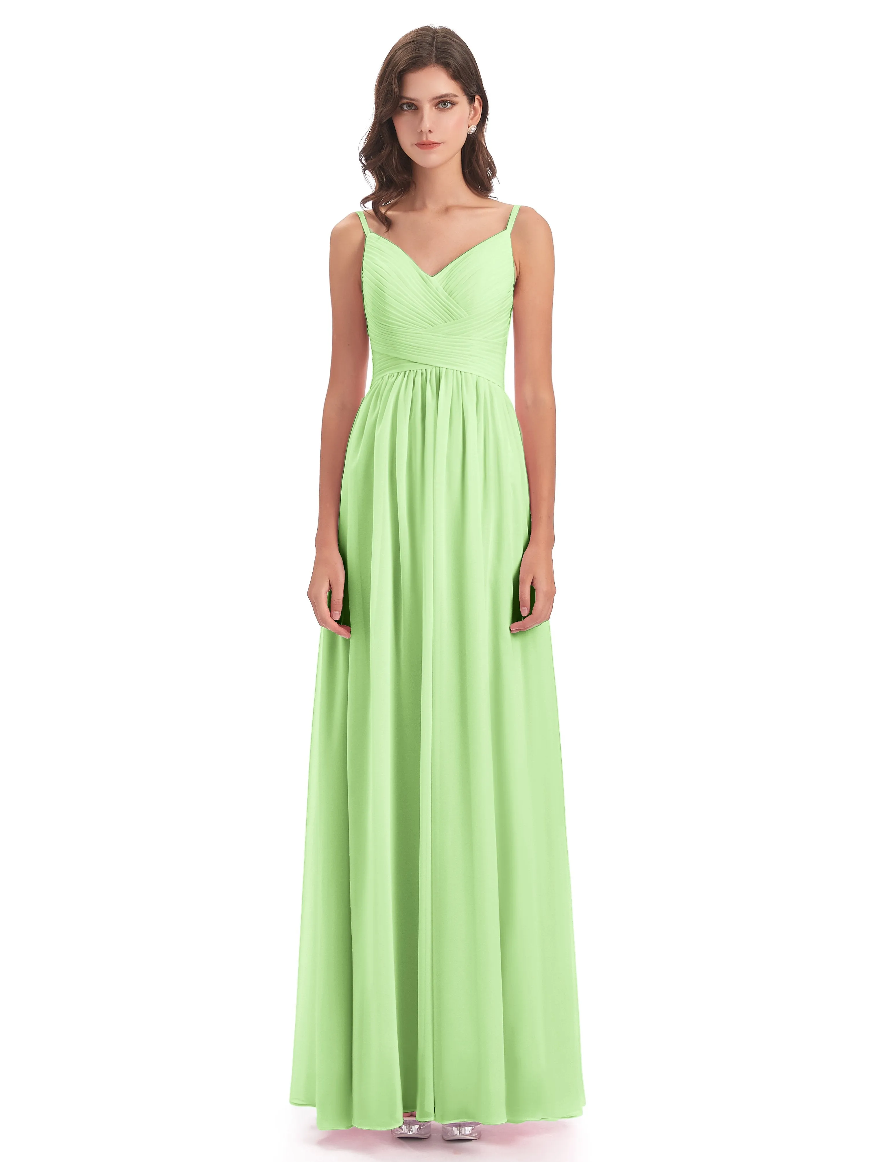 Poppy Simple Spaghetti Straps Pleating Long Bridesmaid Dresses