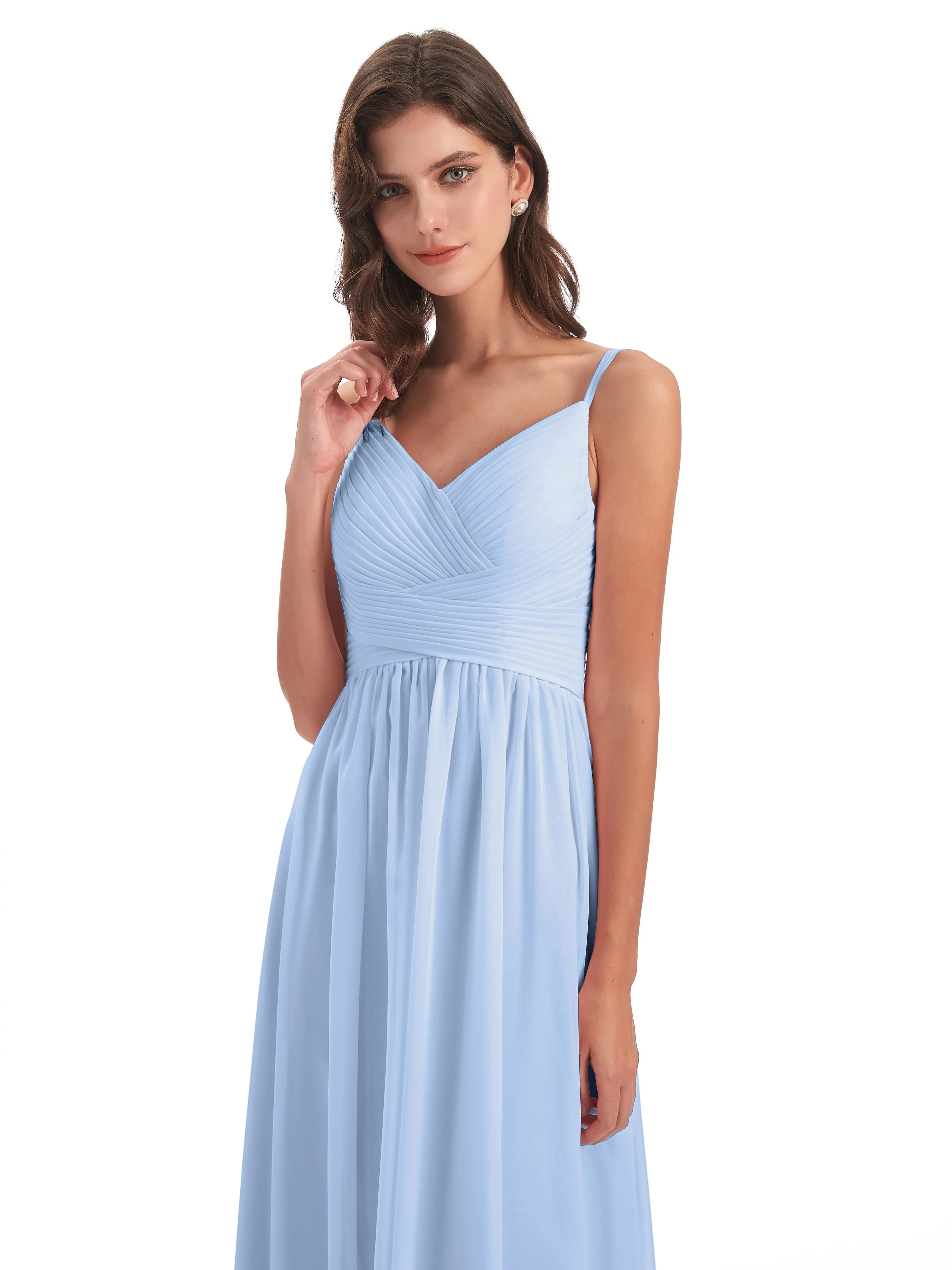 Poppy Simple Spaghetti Straps Pleating Long Bridesmaid Dresses