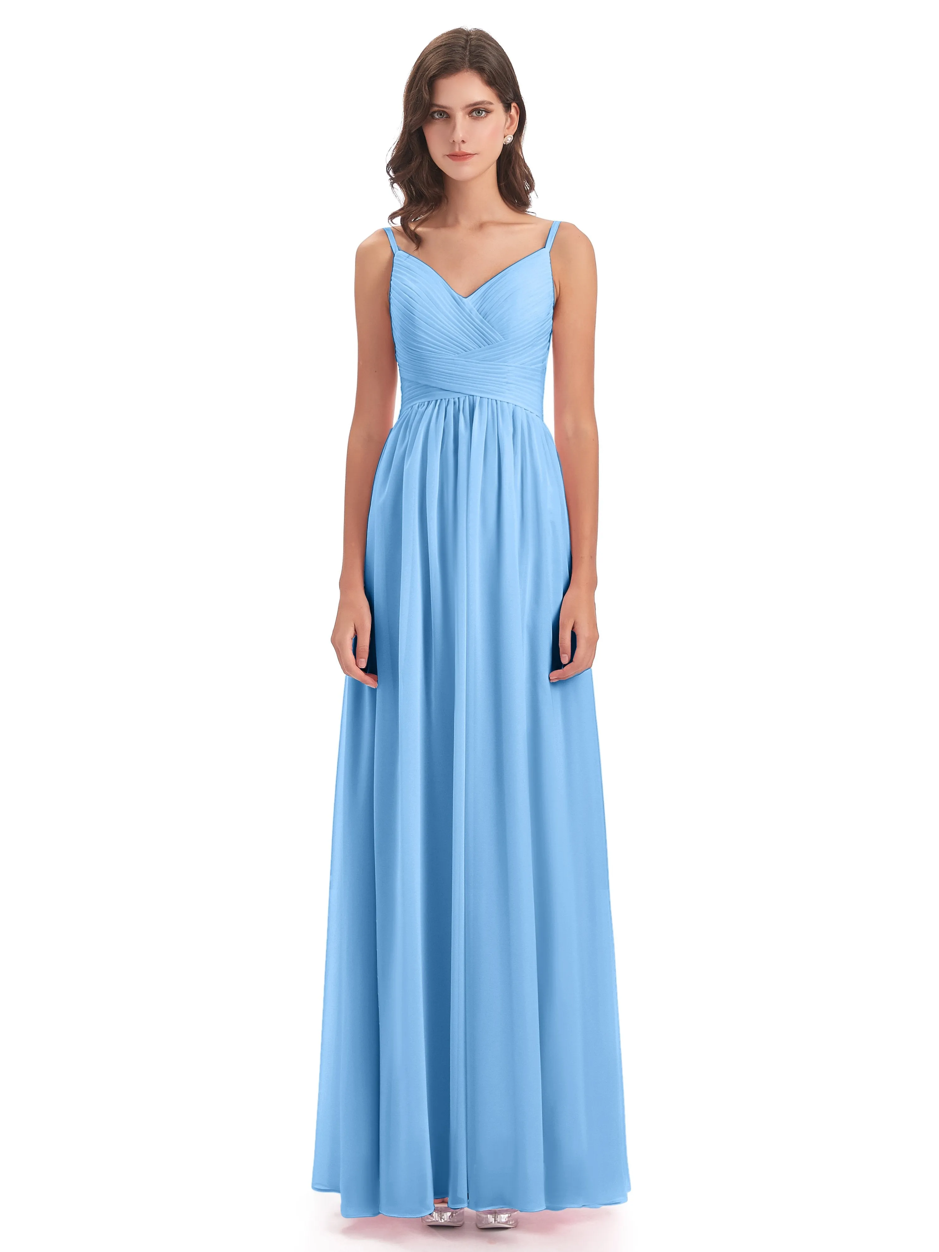 Poppy Simple Spaghetti Straps Pleating Long Bridesmaid Dresses