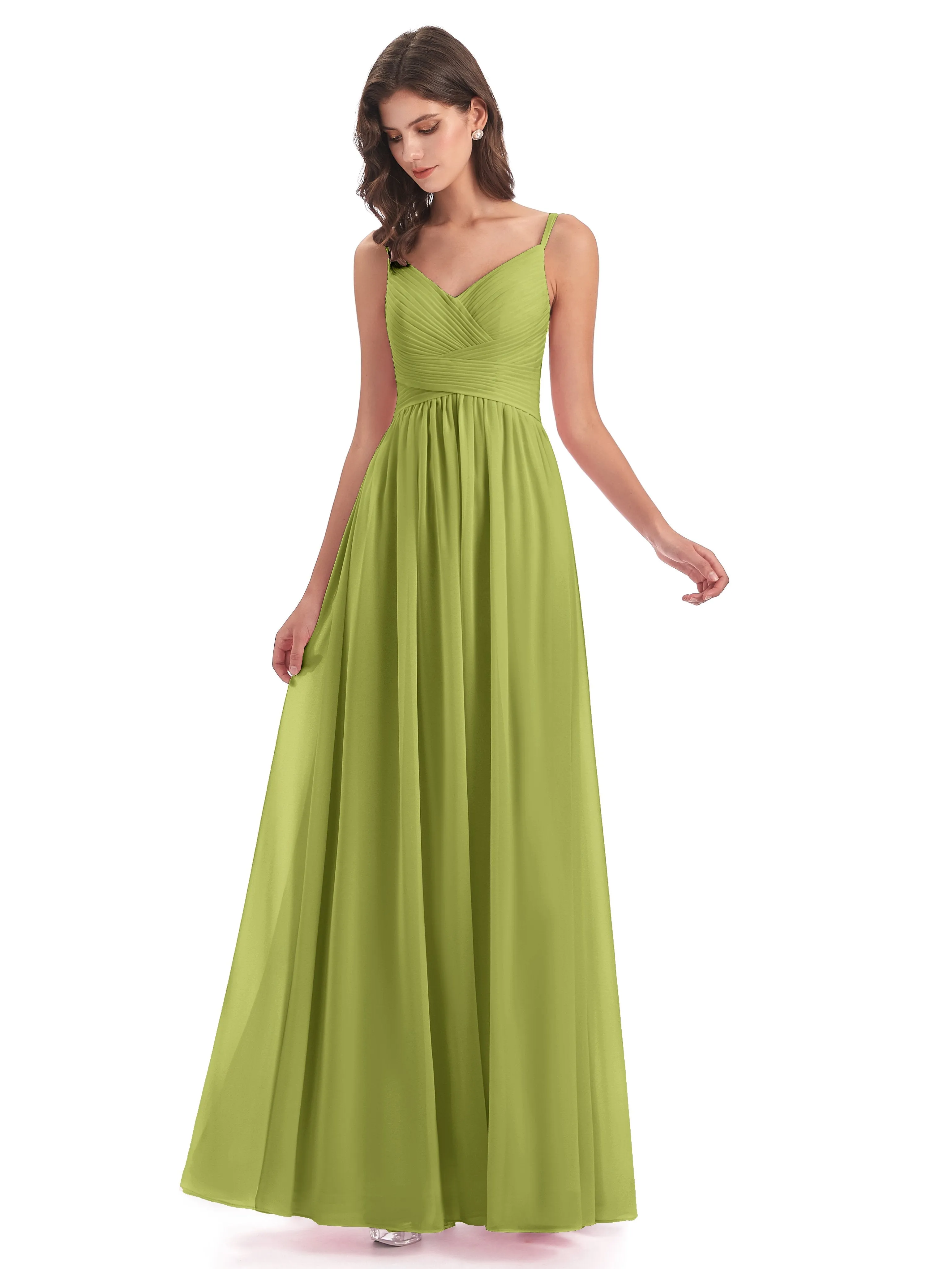 Poppy Simple Spaghetti Straps Pleating Long Bridesmaid Dresses