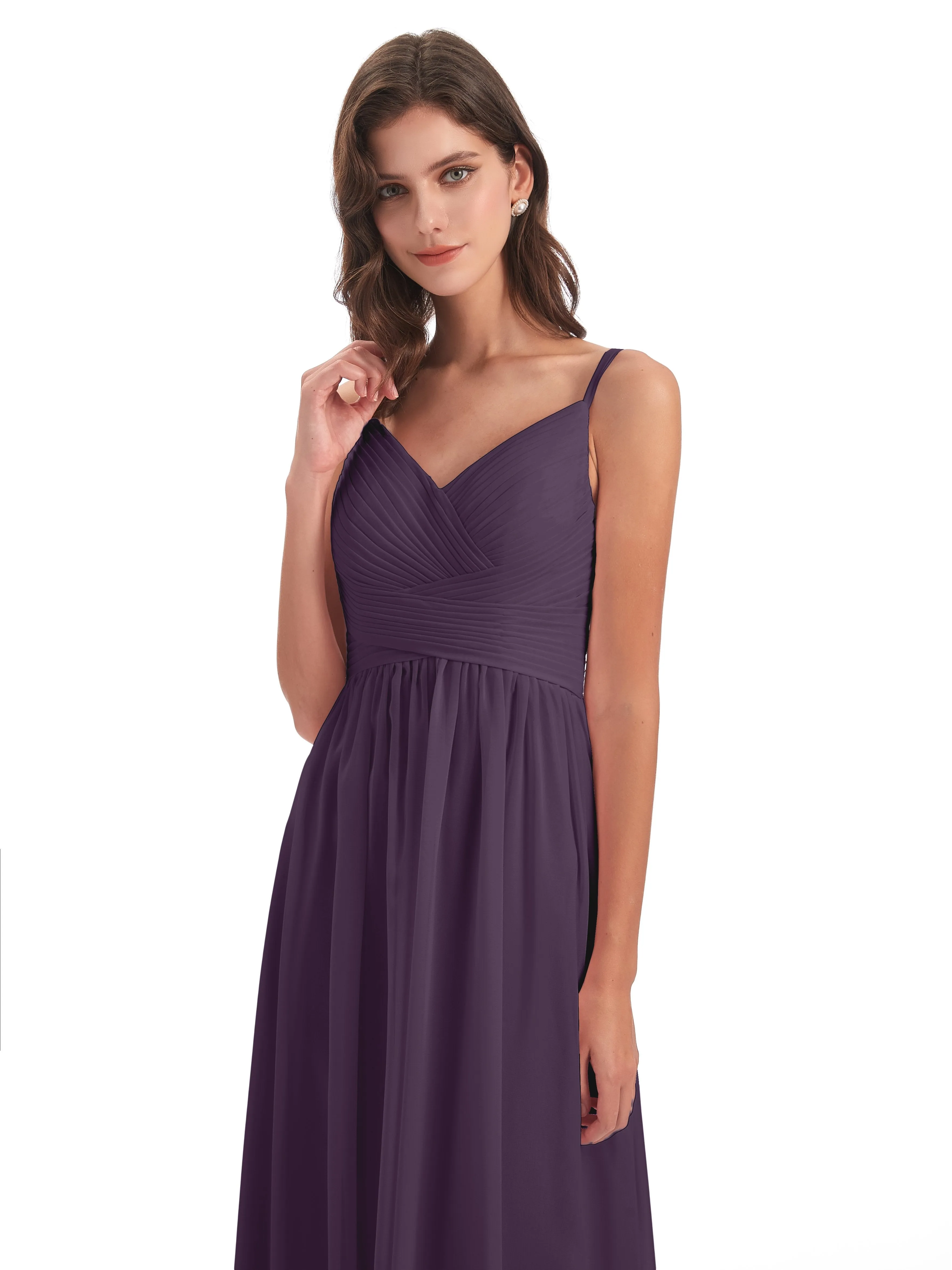 Poppy Simple Spaghetti Straps Pleating Long Bridesmaid Dresses