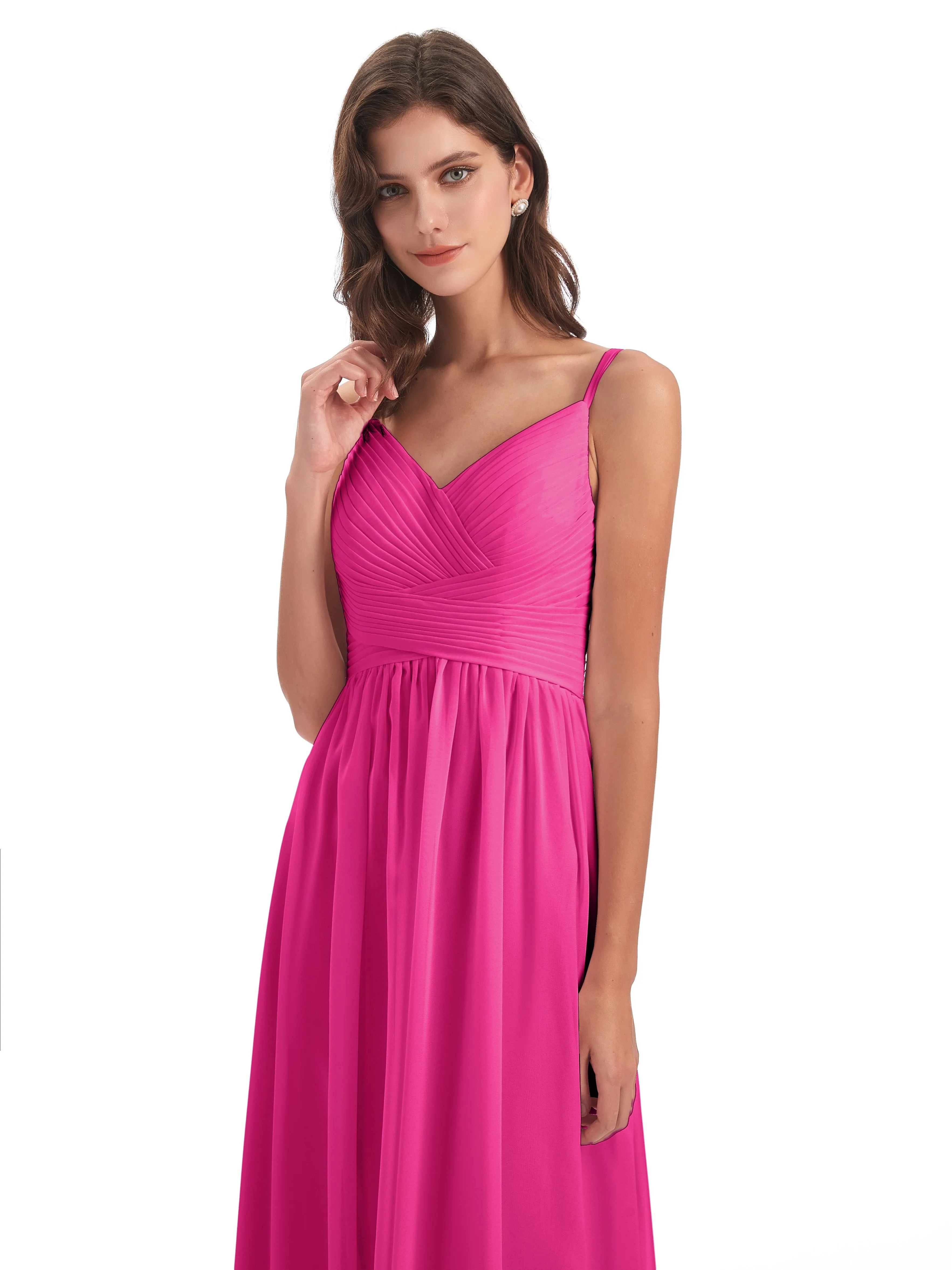 Poppy Simple Spaghetti Straps Pleating Long Bridesmaid Dresses