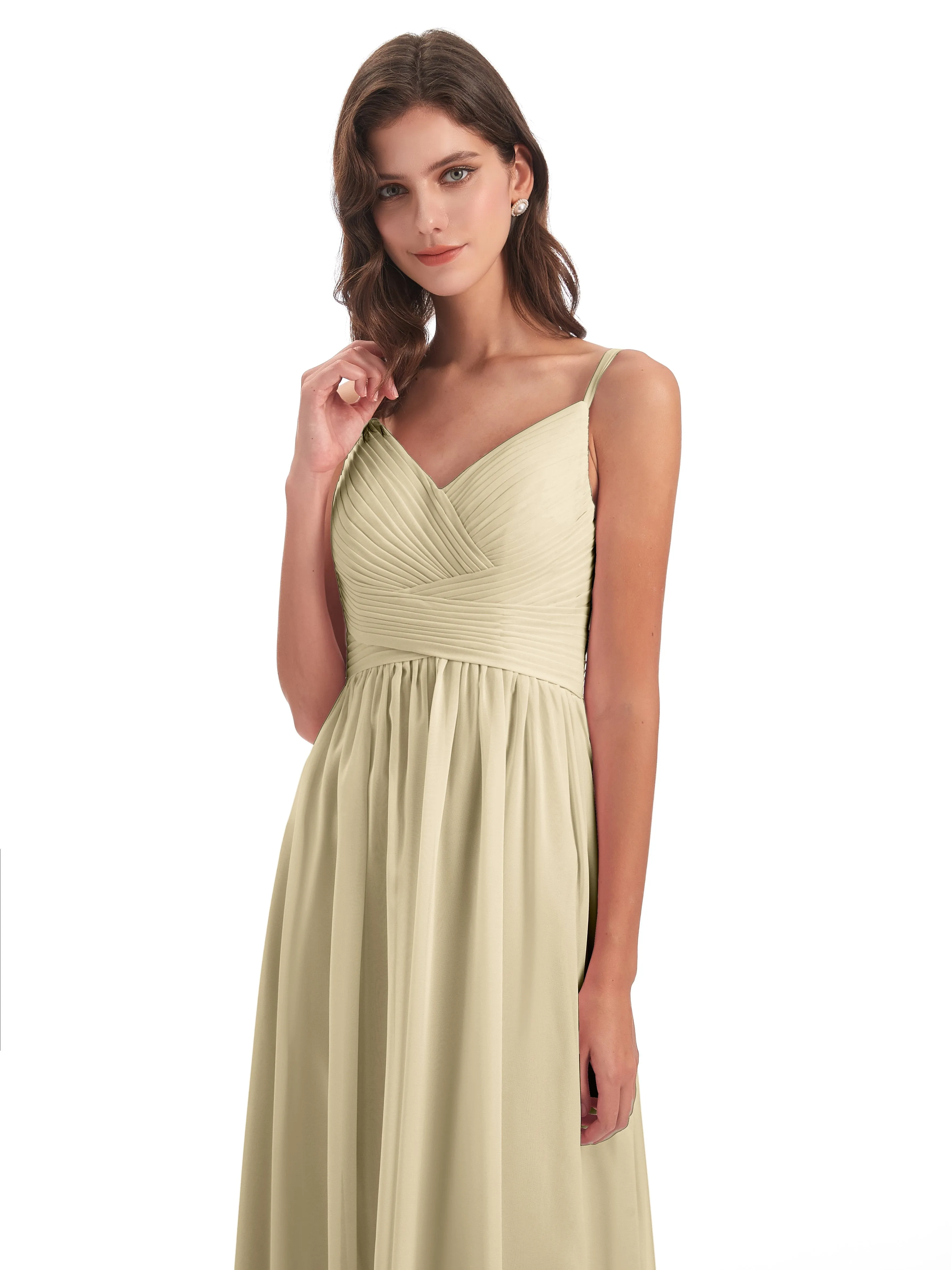 Poppy Simple Spaghetti Straps Pleating Long Bridesmaid Dresses