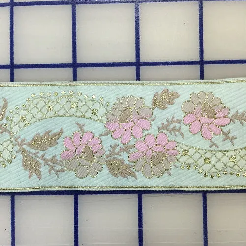 Ribbon Trim - Embroidered Floral Design Mint Green with Pink