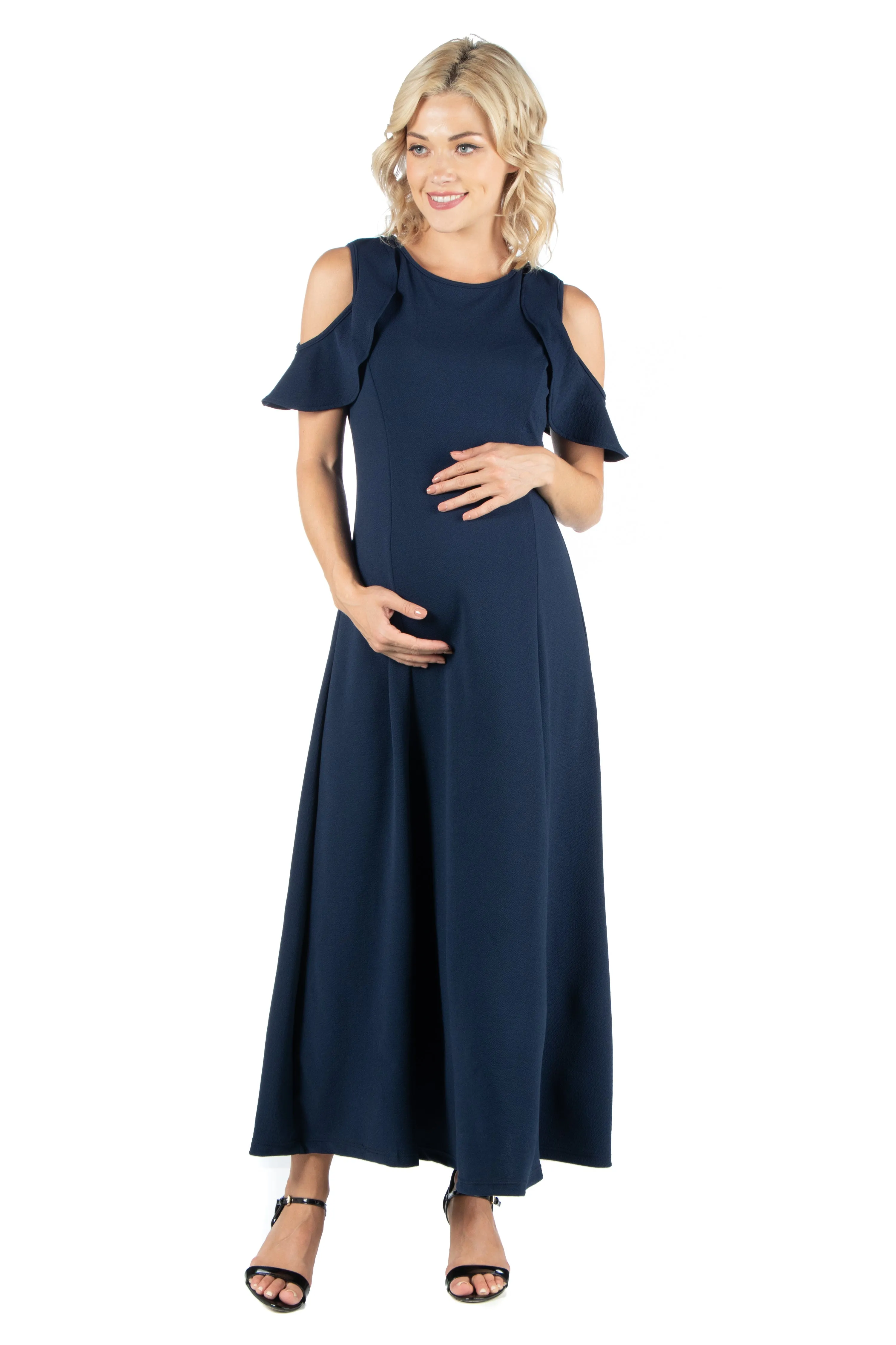 Ruffle Cold Shoulder A Line Maternity Maxi Dress