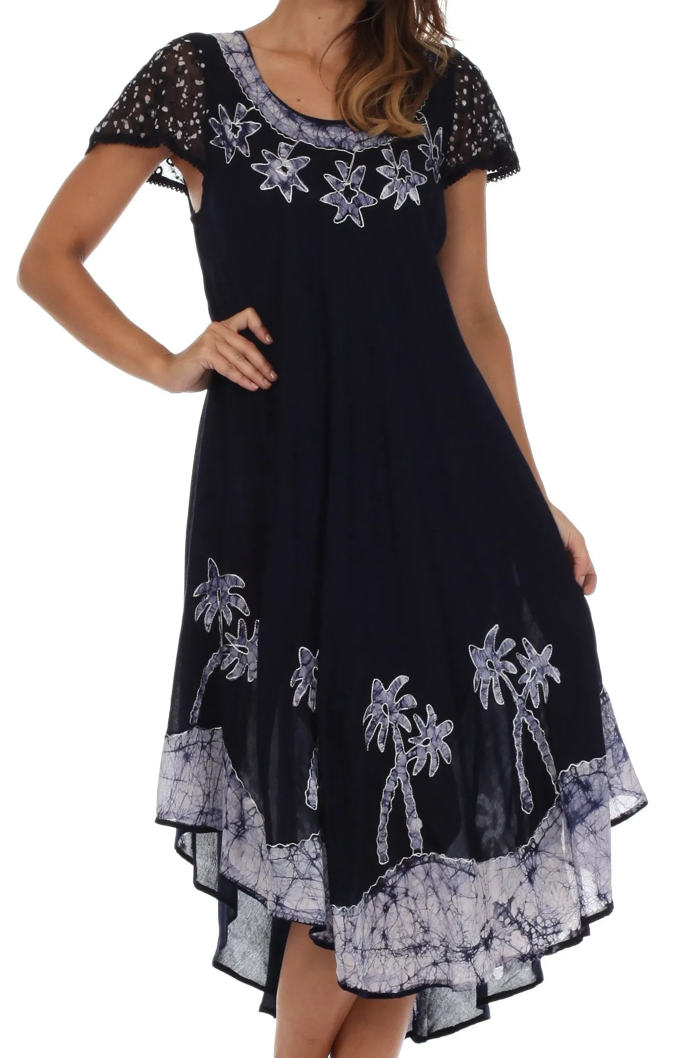 Sakkas Batik Palm Tree Cap Sleeve Caftan Dress / Cover Up