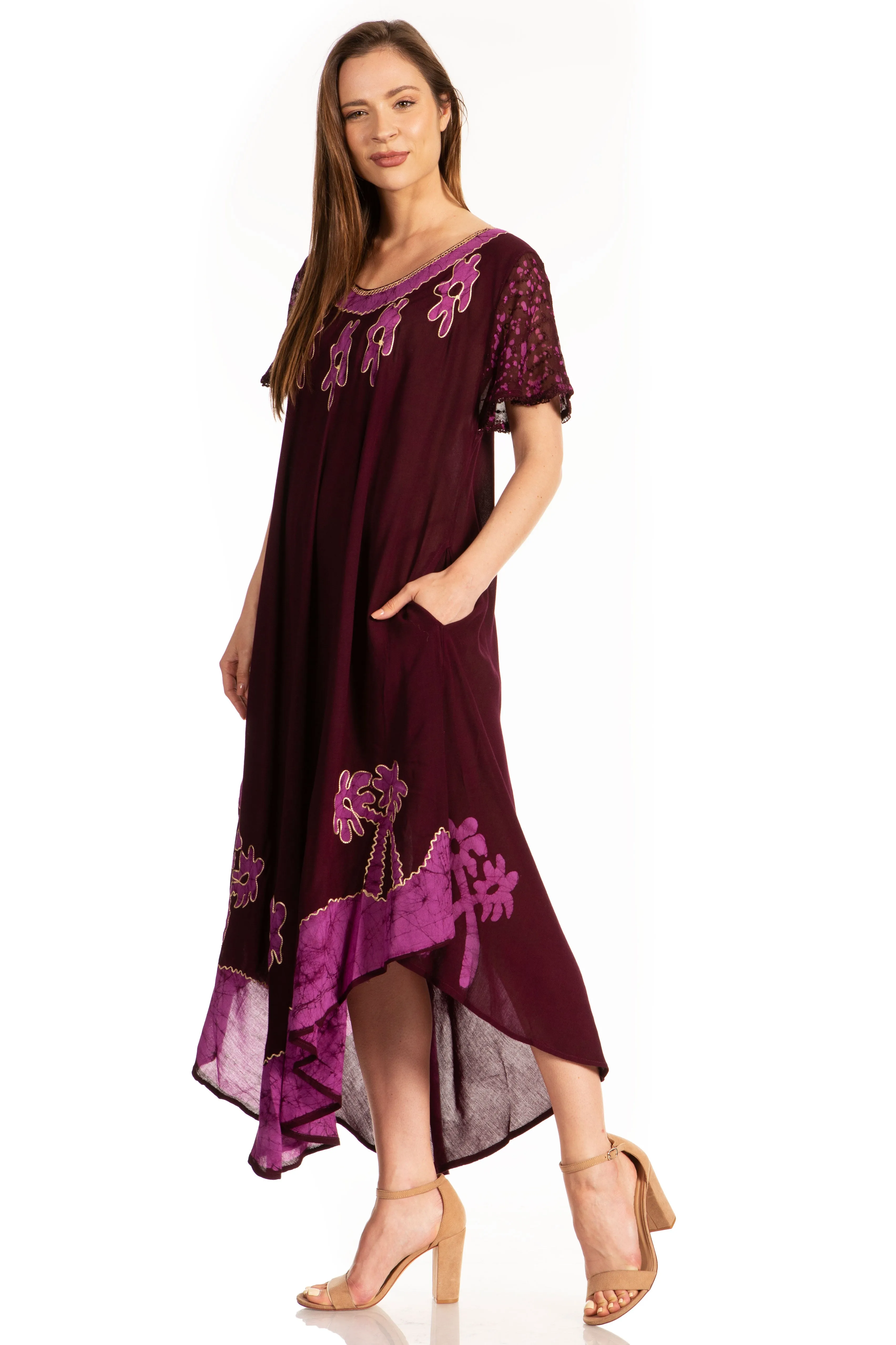 Sakkas Batik Palm Tree Cap Sleeve Caftan Dress / Cover Up