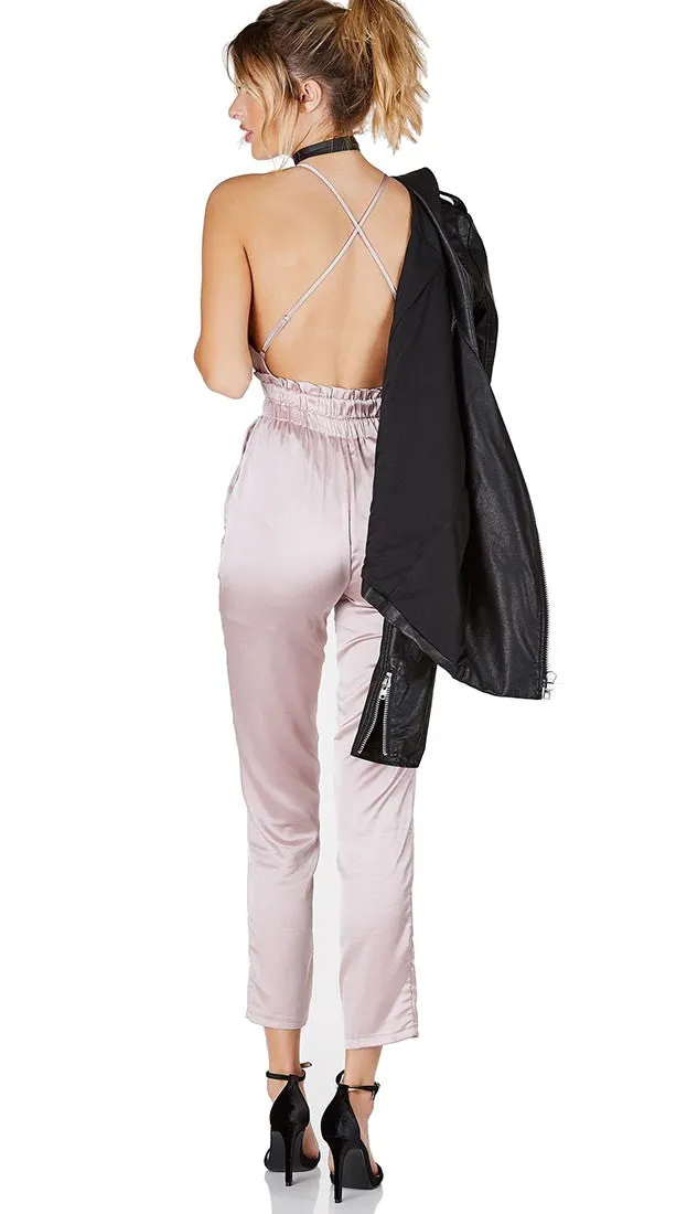 Satin V Neck Jumpsuit Rose Gold