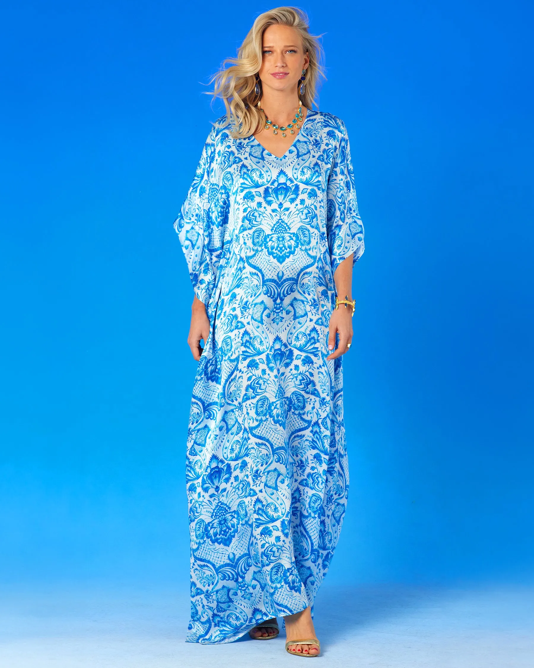 Shalimar Silk Kaftan in Blue and White