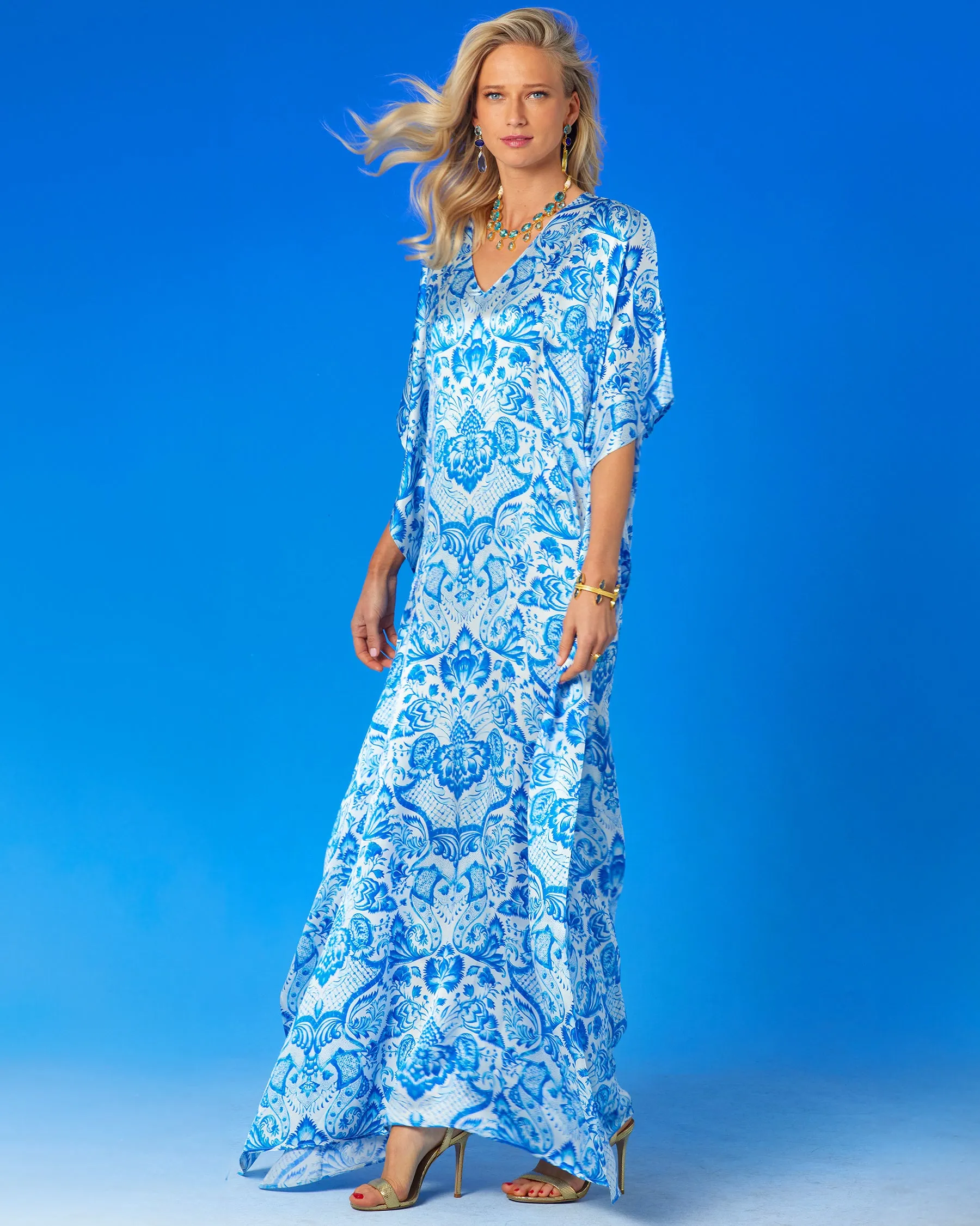 Shalimar Silk Kaftan in Blue and White