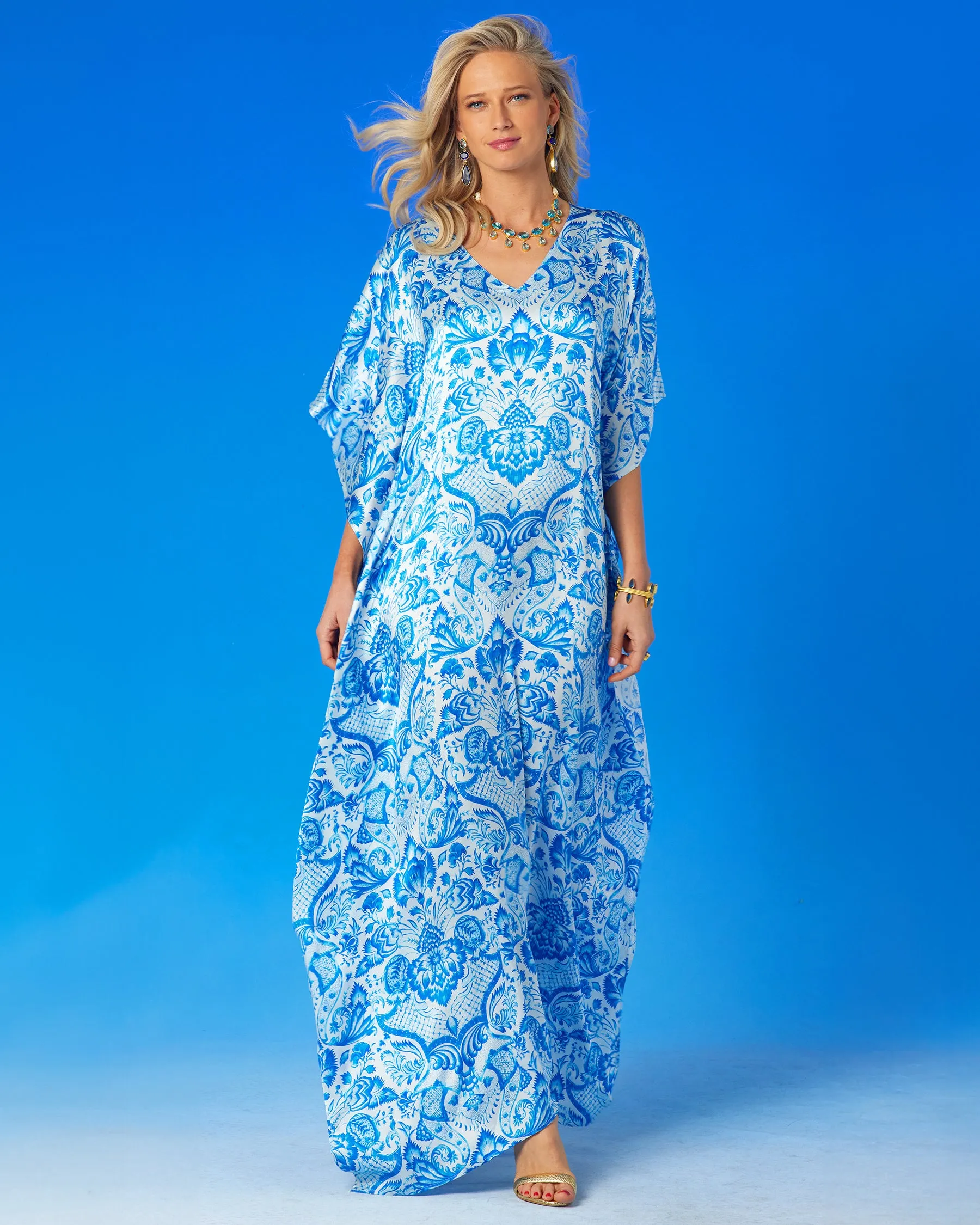 Shalimar Silk Kaftan in Blue and White