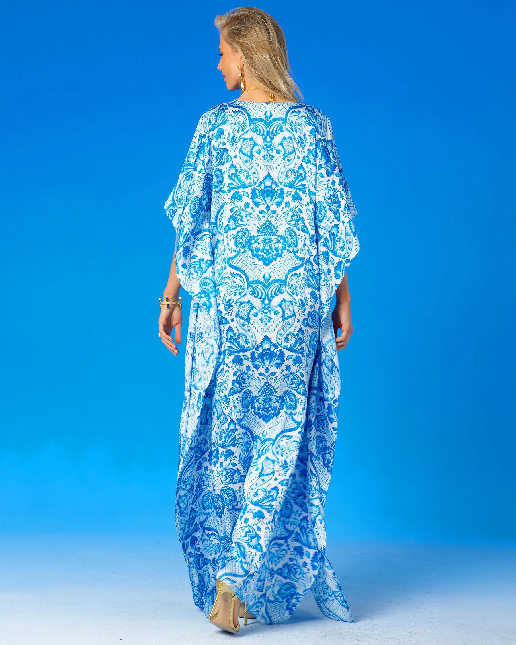 Shalimar Silk Kaftan in Blue and White