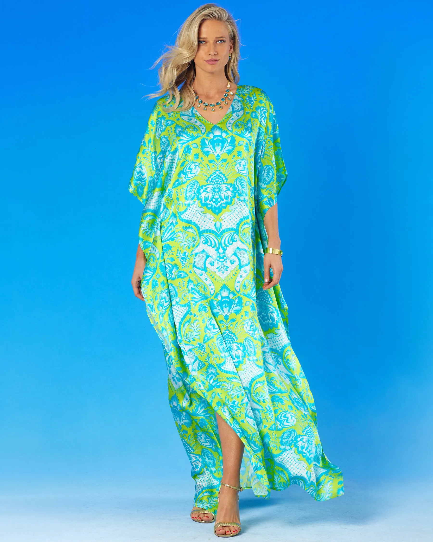 Shalimar Silk Kaftan in Turquoise and Lime